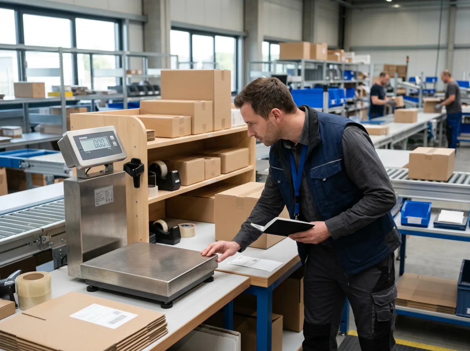 L'acheteur vérifie la balance à colis sur la table d'emballage ; la plaque signalétique est visible ; l'environnement logistique est neutre.