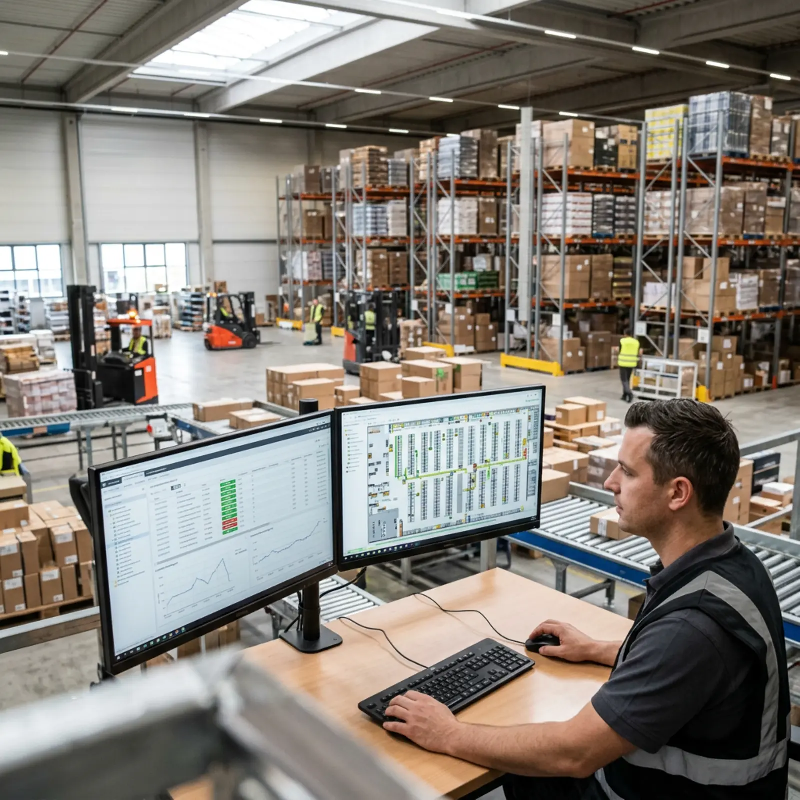 Lagerleiter am Dual-Screen-Arbeitsplatz mit Bestandsdaten und Live-Kommissionierkarte im modernen Logistikzentrum