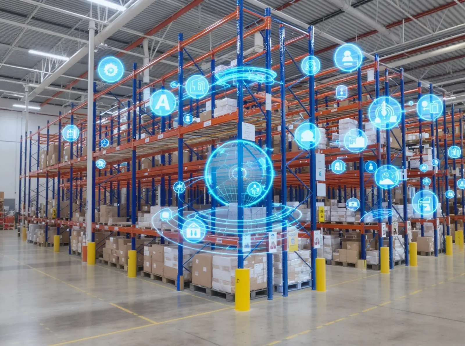 Entrepôt moderne à rayonnages en hauteur équipé d'AMR, de systèmes de transport automatisés (FTS) et de capteurs IoT ; tableaux de bord WMS/ERP.