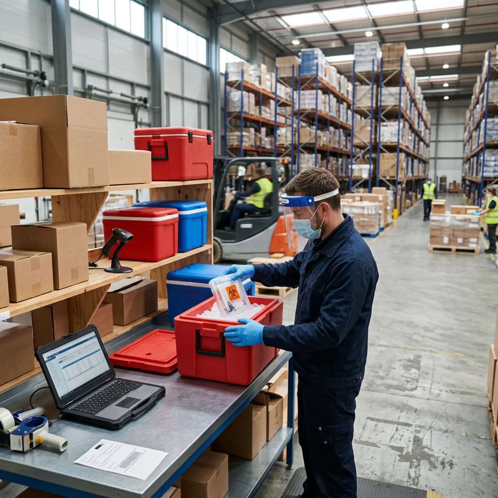 Logistikmitarbeiter mit Schutzschild stellt versiegeltes Proben-Containerpaket in Transportkühlbox ins Lager