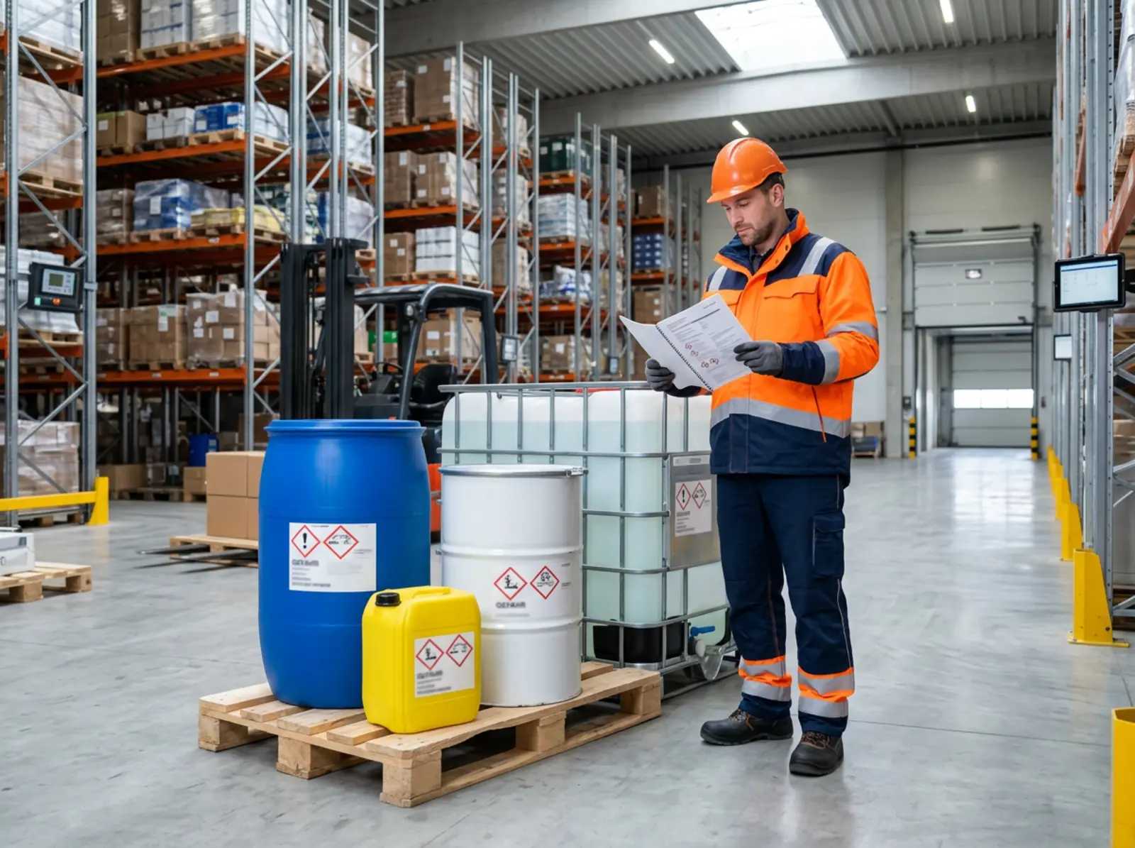 Arbeitnehmer im Lager hält Sicherheitsdatenblatt neben beschrifteten Chemiegebinden auf Palette