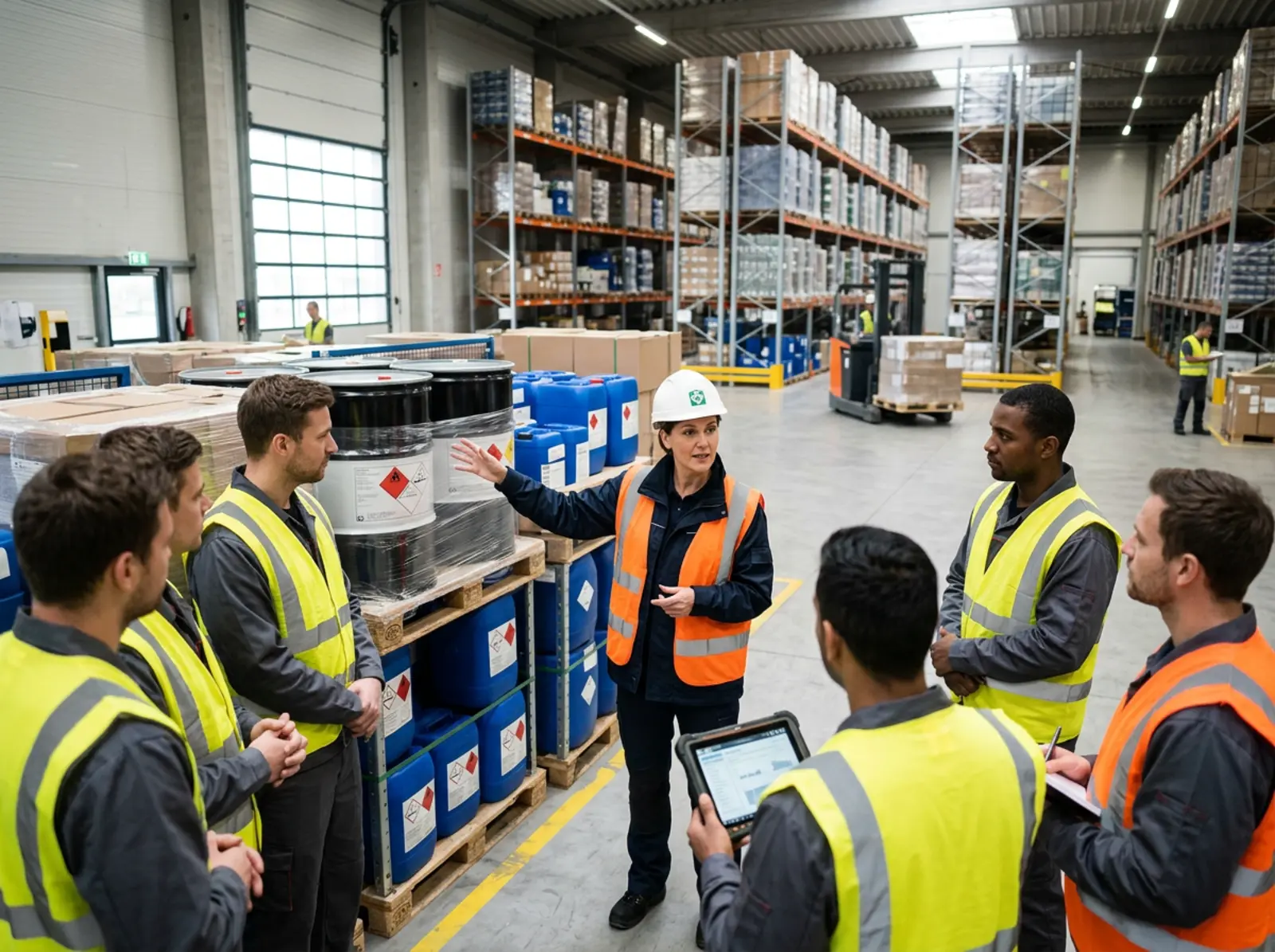 Sicherheitsbeauftragter im Lagerbriefing, gestikulierend neben beschrifteten Gefahrgutpaletten