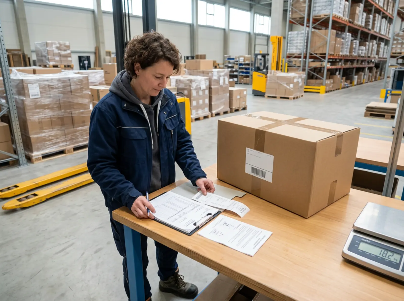 Logistikmitarbeiter erstellt Versanddokumente am Arbeitsplatz neben versiegeltem Paket im Lager