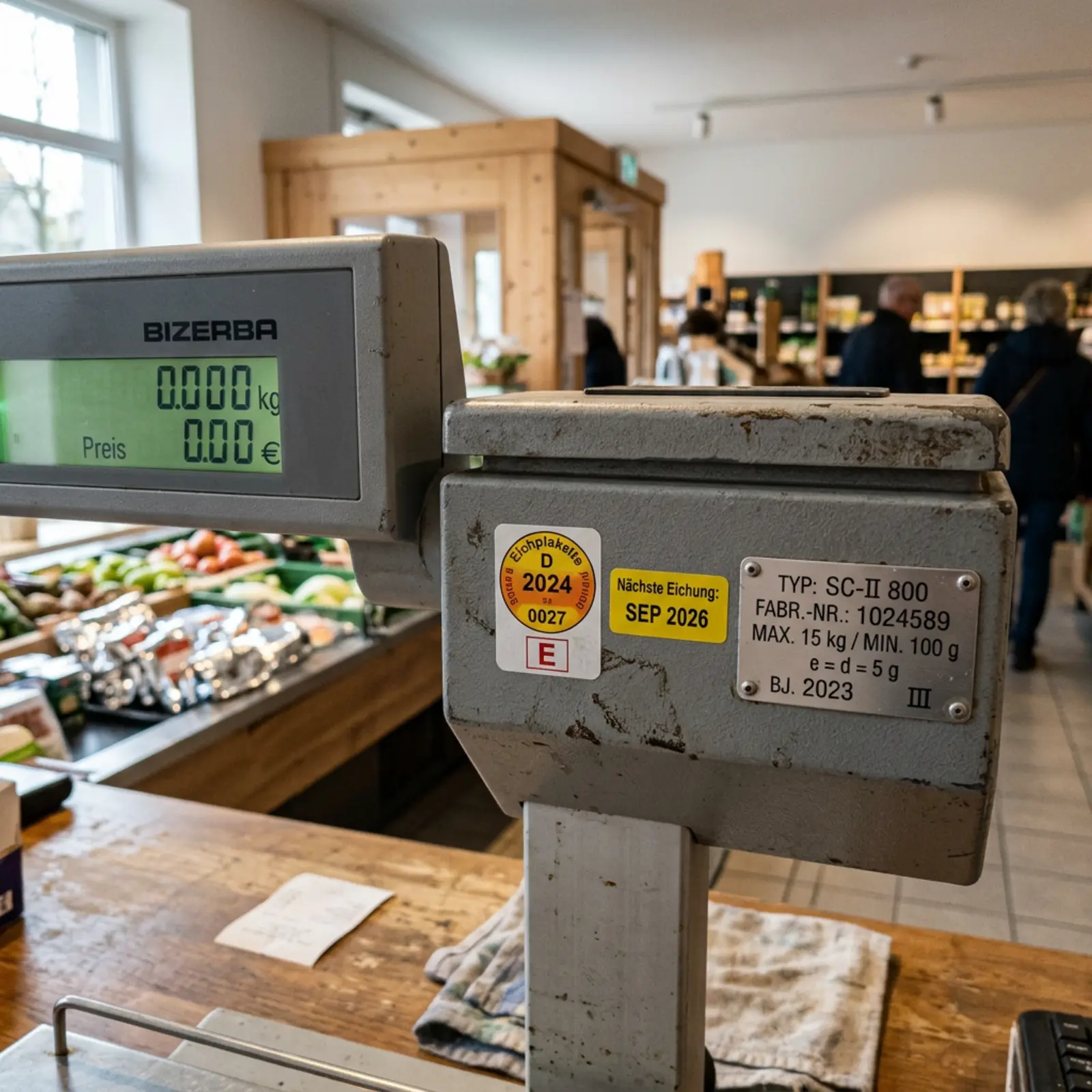 Nahaufnahme von Prüfsiegeln und Metallplaketten an einer Ladenwaage.