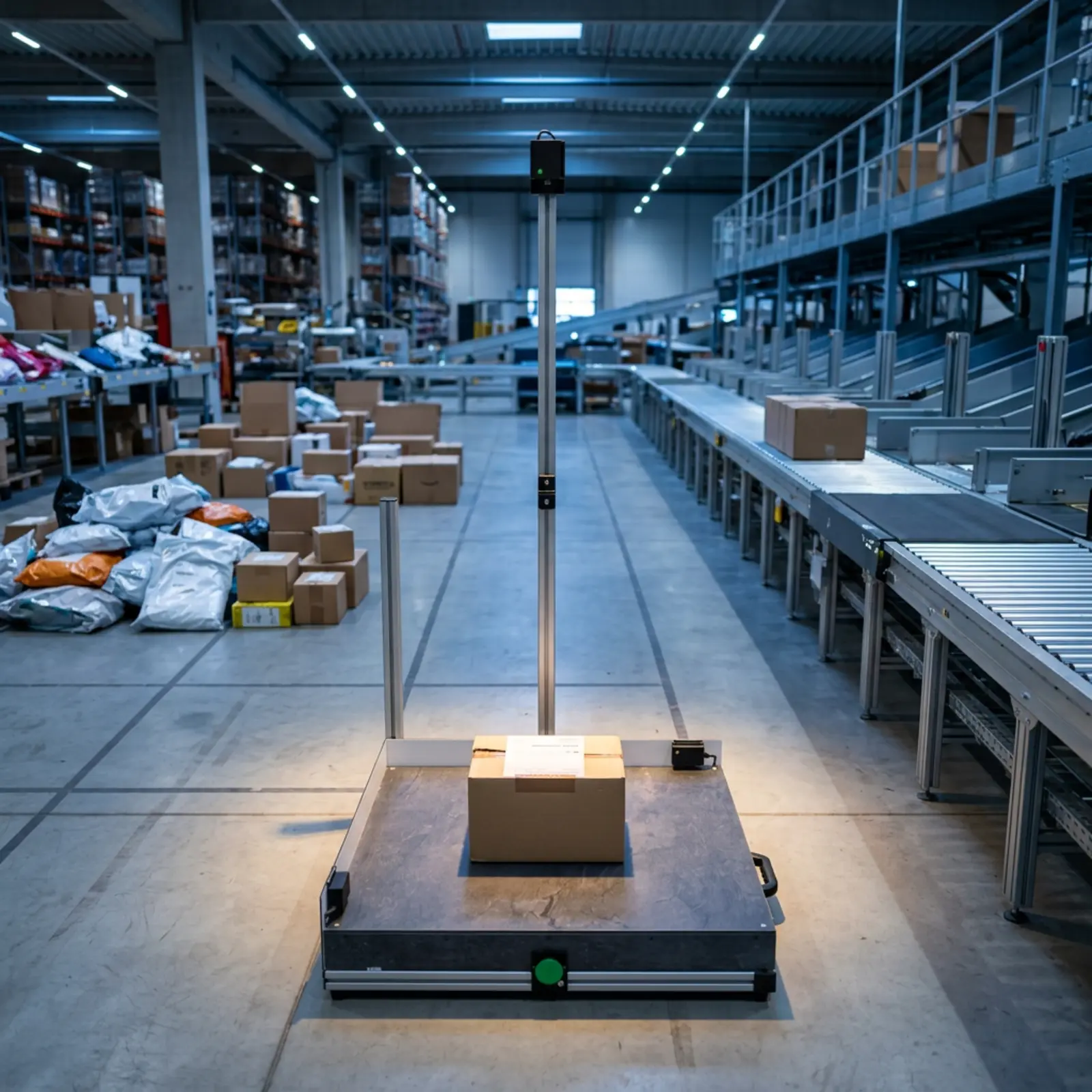 Industrial product photography at the logistics center: three zones, package on the scale, uncluttered setup.