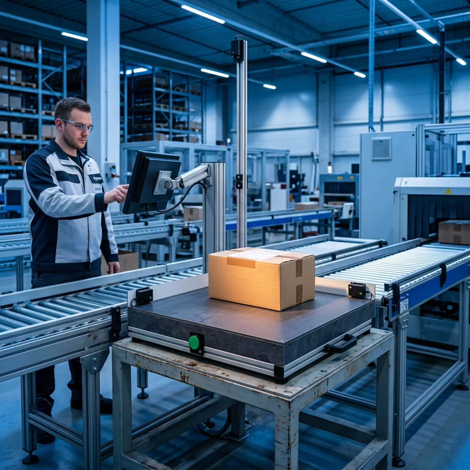 A specialized industrial device positioned in front of a conveyor belt, equipped with sensors, in a logistics center; operator.
