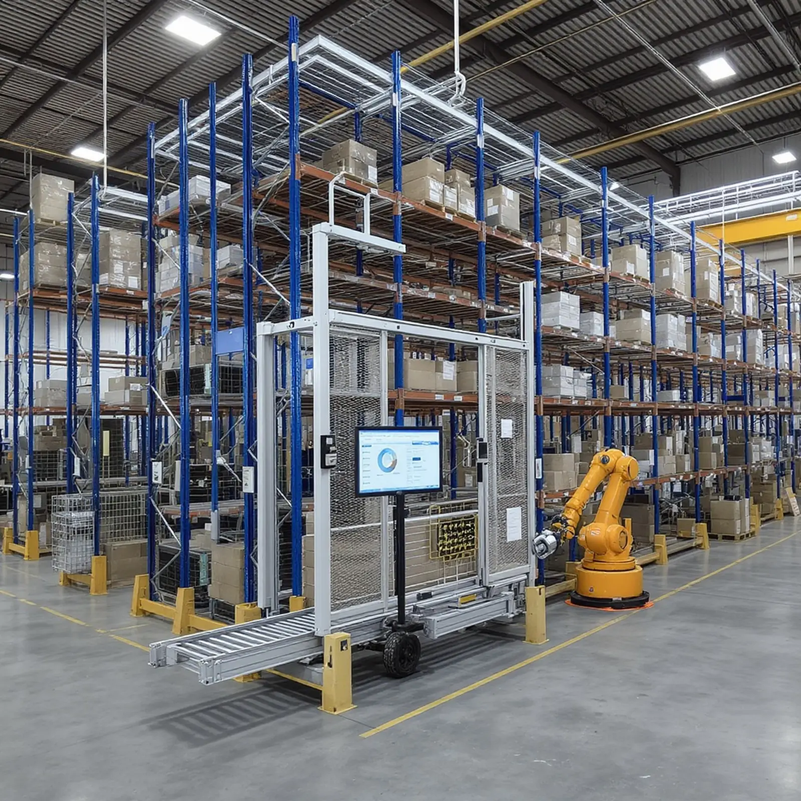 Entrepôt moderne à rayonnages en hauteur automatisé, équipé de robots, de convoyeurs, de rayonnages et d'un tableau de bord.