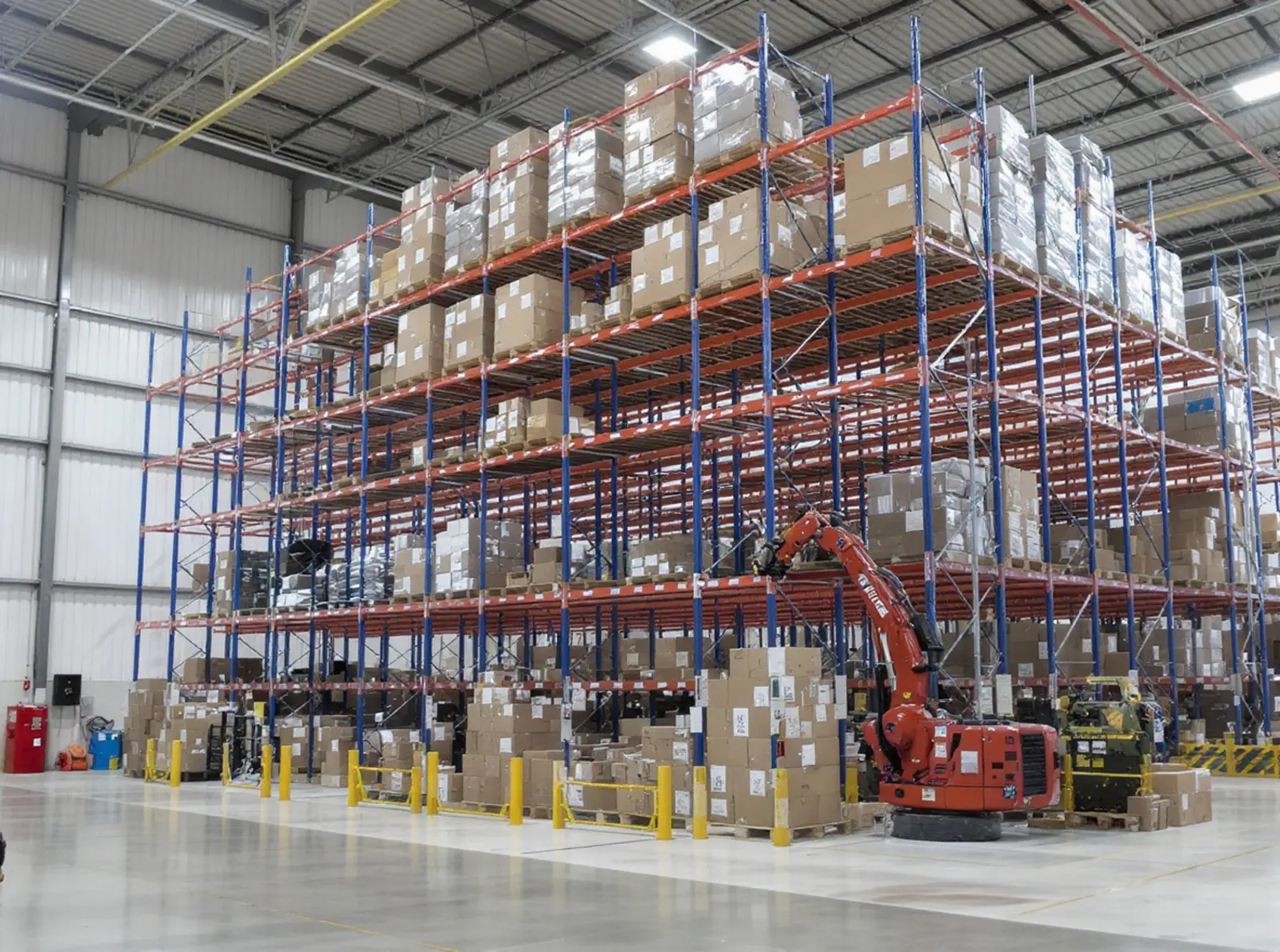 Entrepôt moderne à rayonnages en hauteur équipé de robots, de convoyeurs et d'une intégration WMS/ERP.