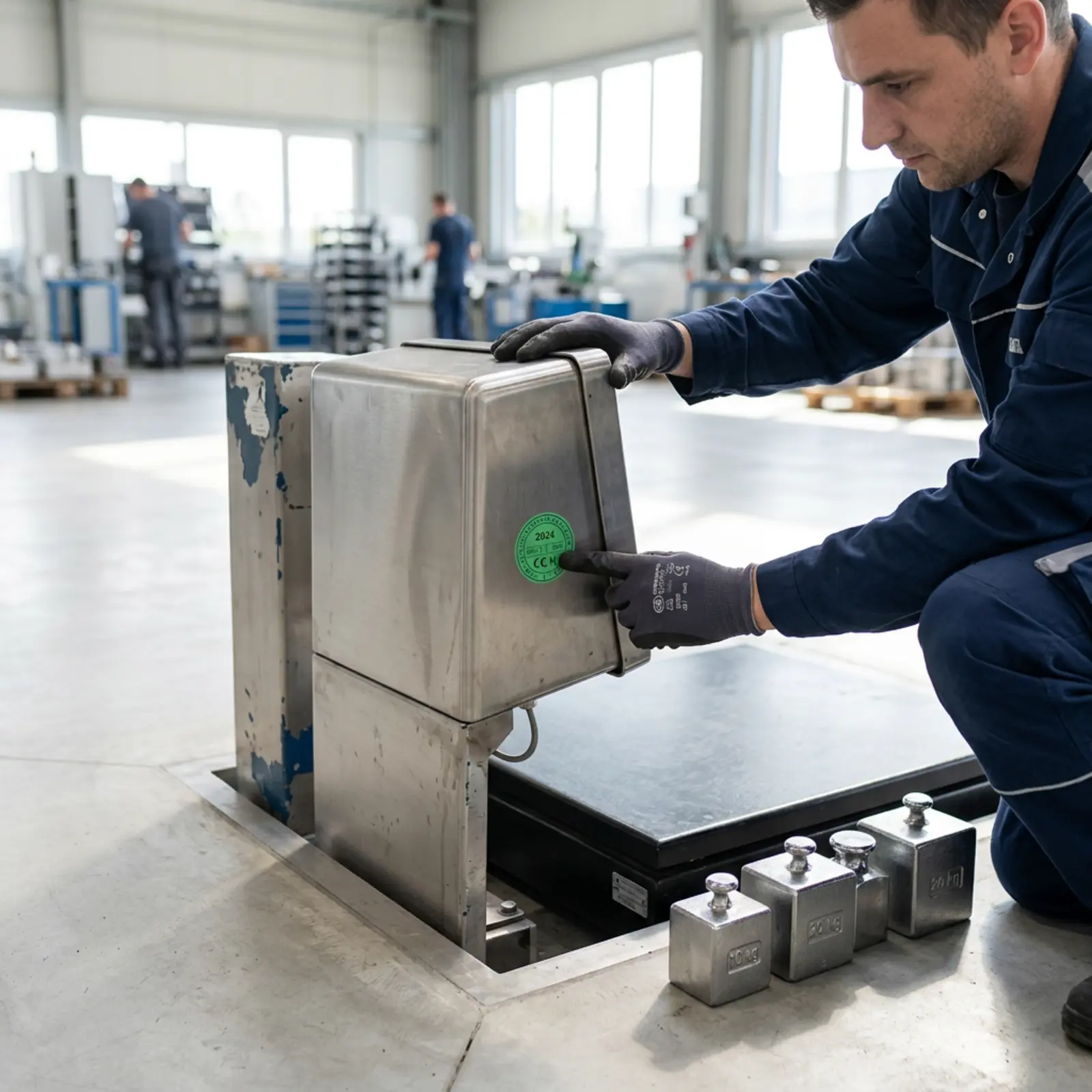 Plan d'ensemble d'une balance industrielle photoréaliste avec une étiquette de contrôle au premier plan ; un technicien examine l'étiquette.
