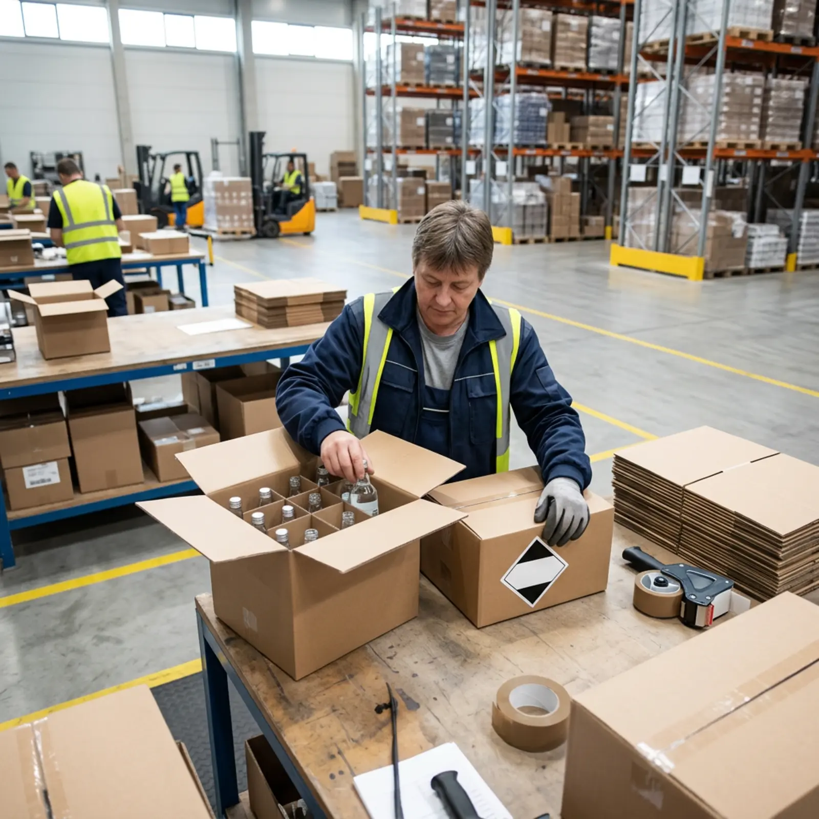Packer bringt kleine Fläschchen in Karton und versieht das Paket mit LQ-Markierung vor dem Verschließen