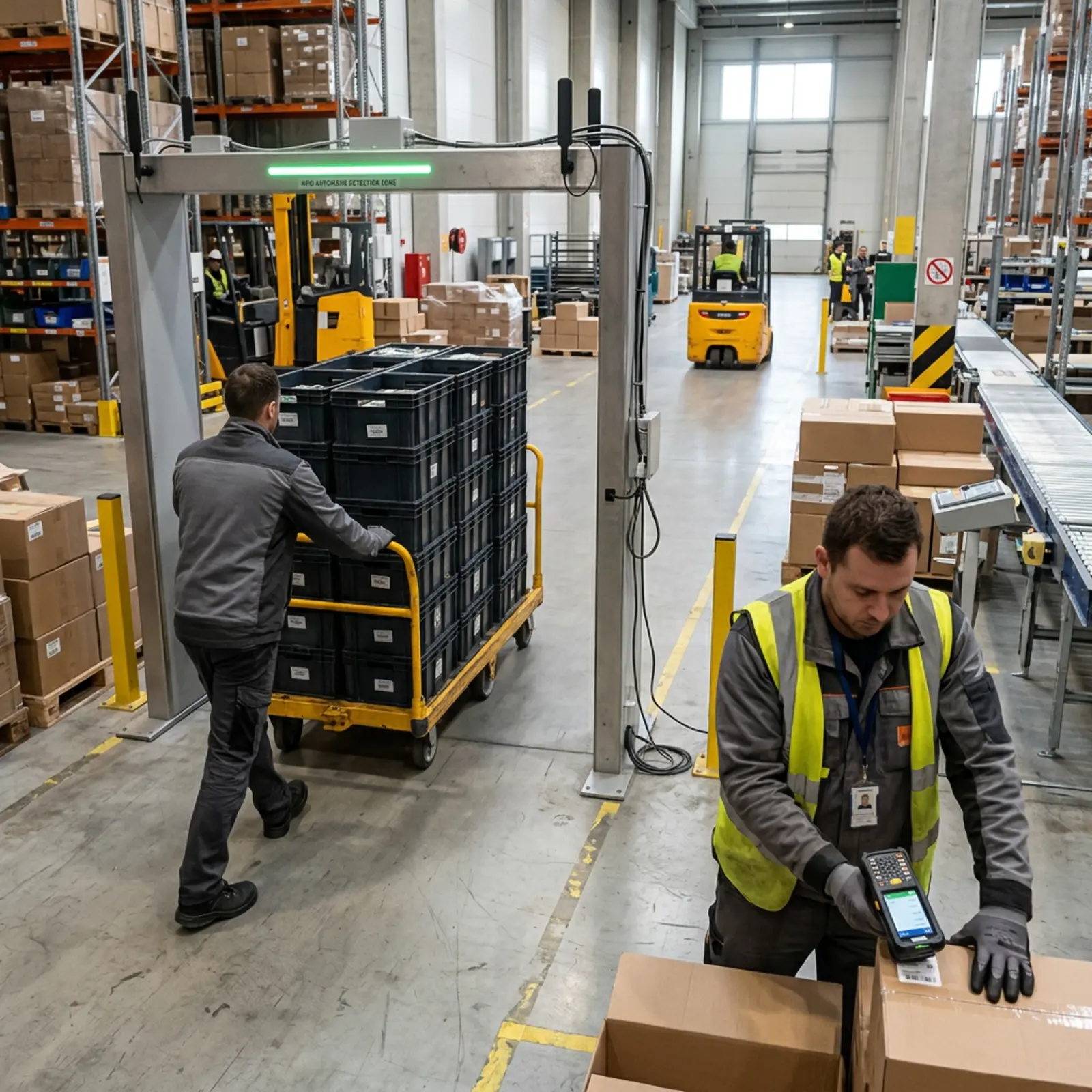 Logistiklager: Wagen mit Behältern durch RFID-Gate; Arbeiter scannt nah am etikettierten Artikel.