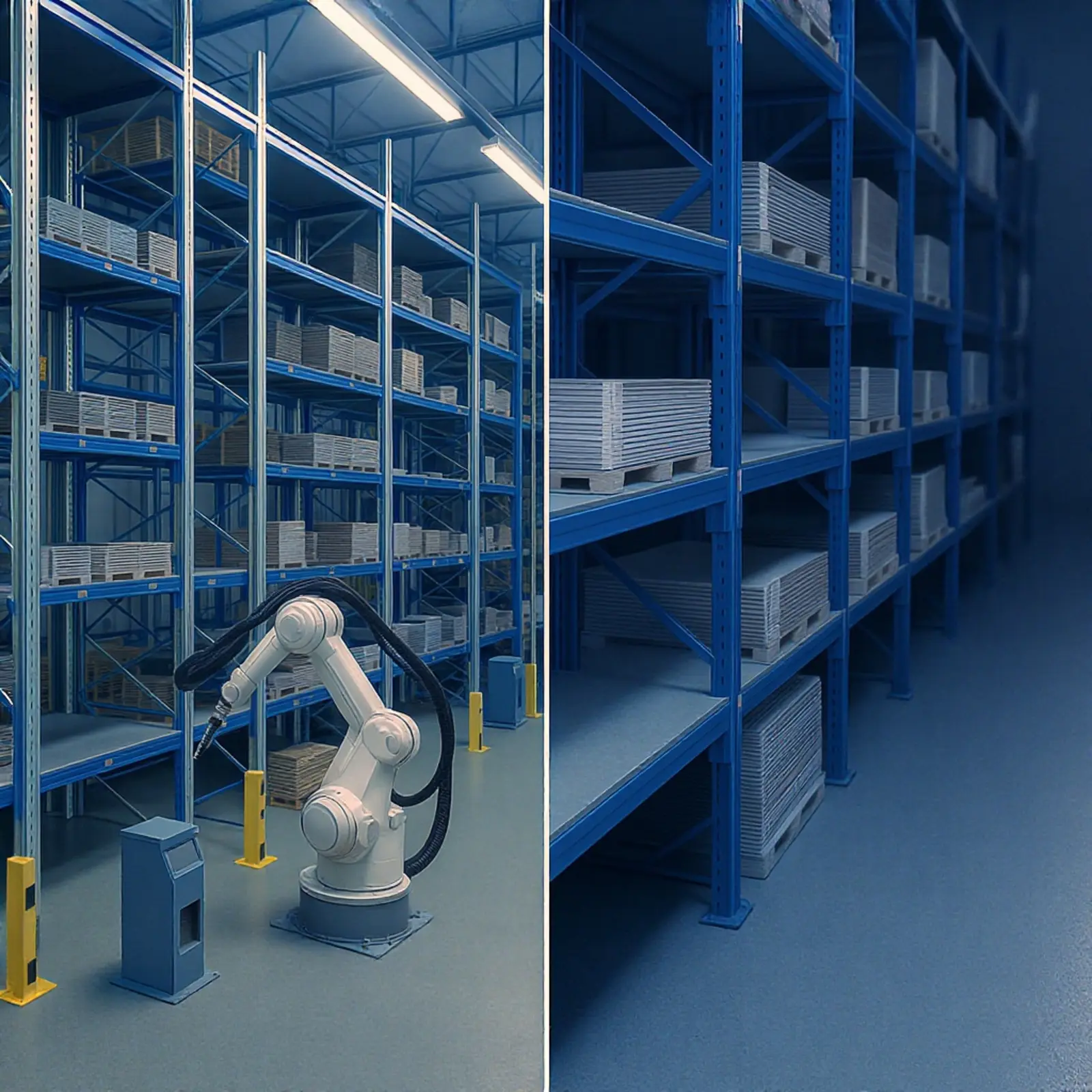 À gauche : entrepôt à rayonnages hauts automatisé avec des robots ; à droite, entrepôt à palettes ; tons froids de bleu et de gris.