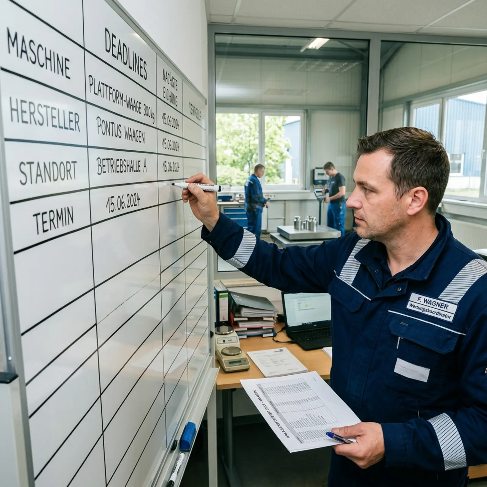 Un technicien vérifie une balance industrielle à l'aide de poids étalons ; la vignette d'étalonnage est à proximité ; la plaque indiquant la date d'expiration est visible.