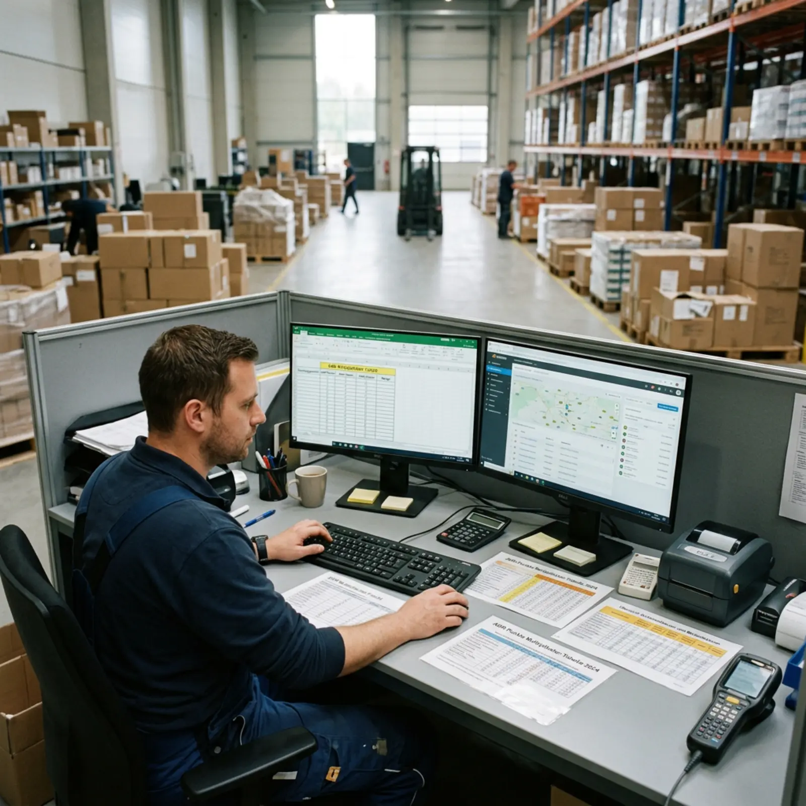 Logistik-Disponent am PC im Lager, erfasst Ladungsgewichte und Mengen in einer Tabelle