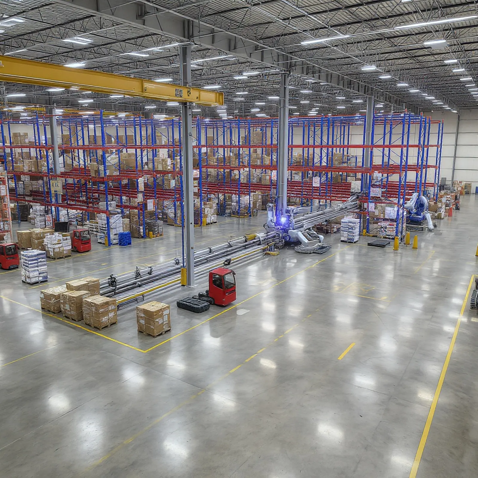 Entrepôt carré équipé de robots autonomes (AMR) et de systèmes de transport sans conducteur (FTS), de convoyeurs, de rayonnages automatisés et d'un système de gestion d'entrepôt (WMS).