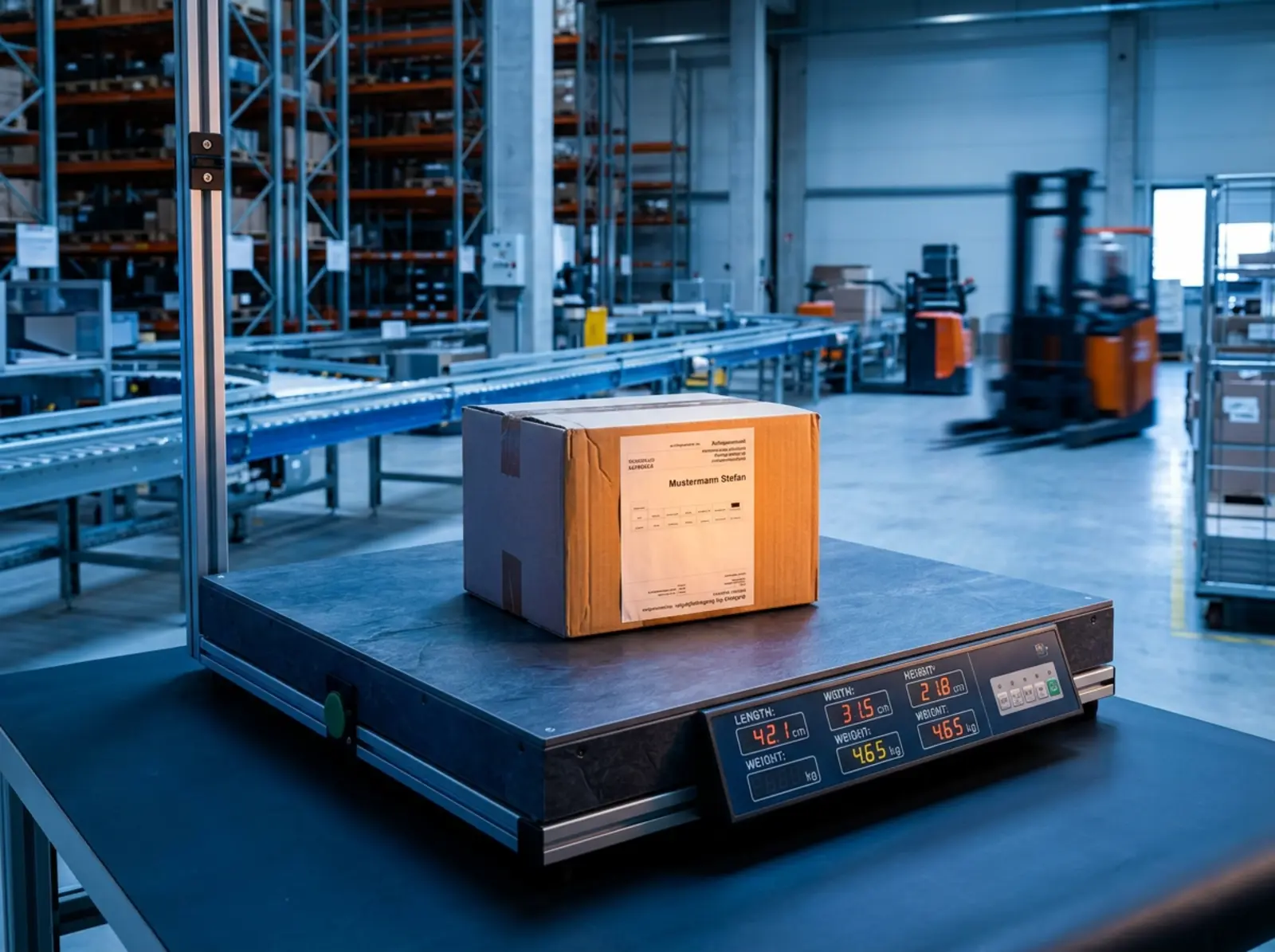 Package on a shipping scale showing dimensions and weight, logistics center, cool blue, warm accents.