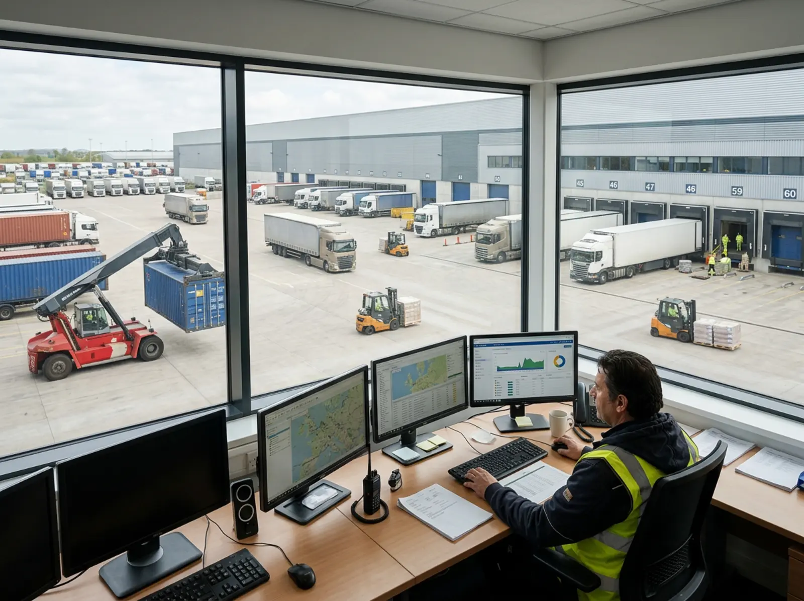 Dispositionsdesk vor großem Lagerhof; Lastwagen, Paletten- und Containerbewegungen.