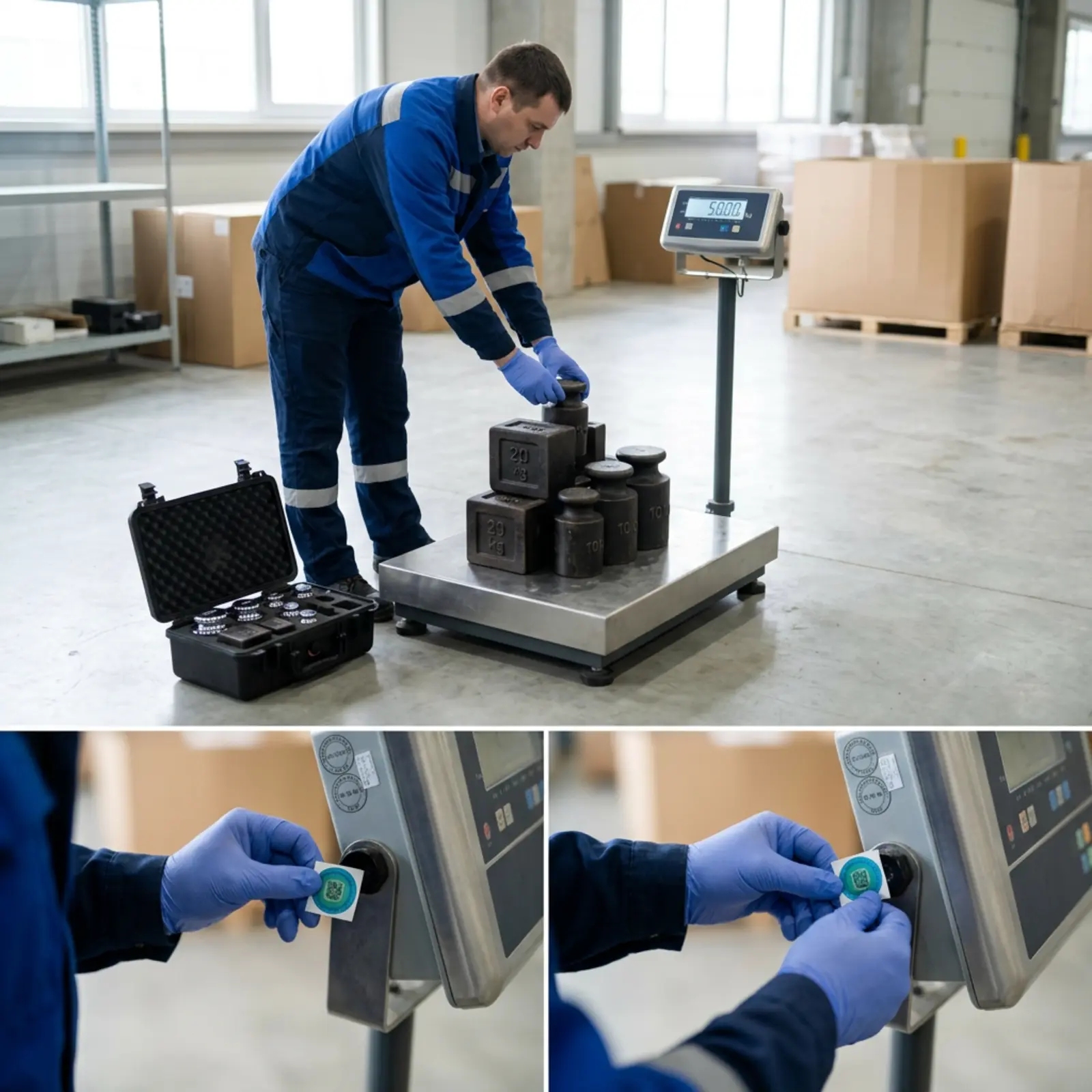 Gros plan photoréaliste d'une plaque d'étalonnage apposée sur une balance industrielle avec des poids de contrôle