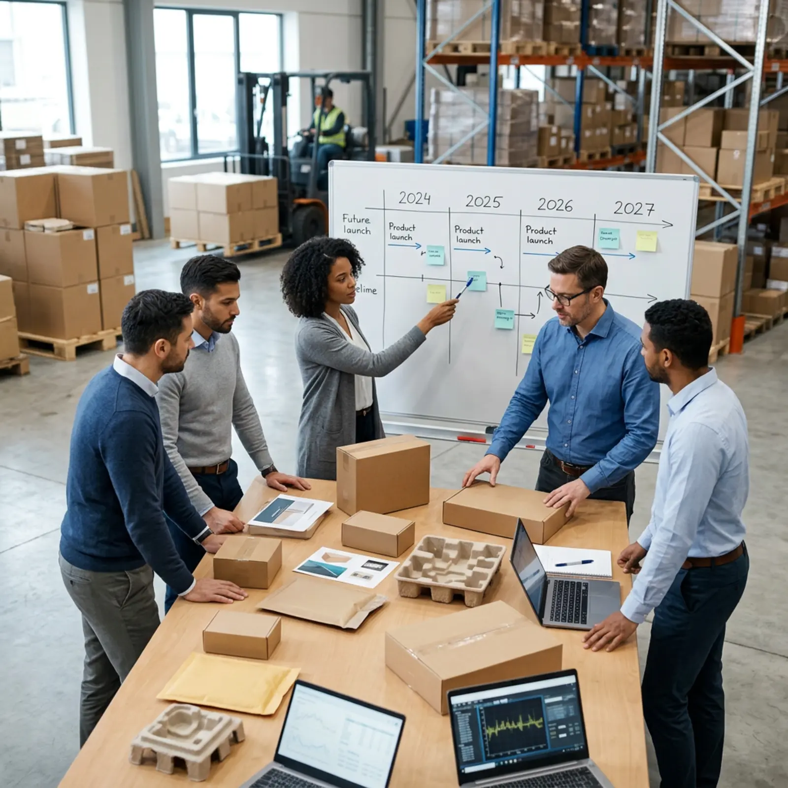 Team von Logistik-Designern mit Prototyp-Packaging und Timeline am Whiteboard im Lager