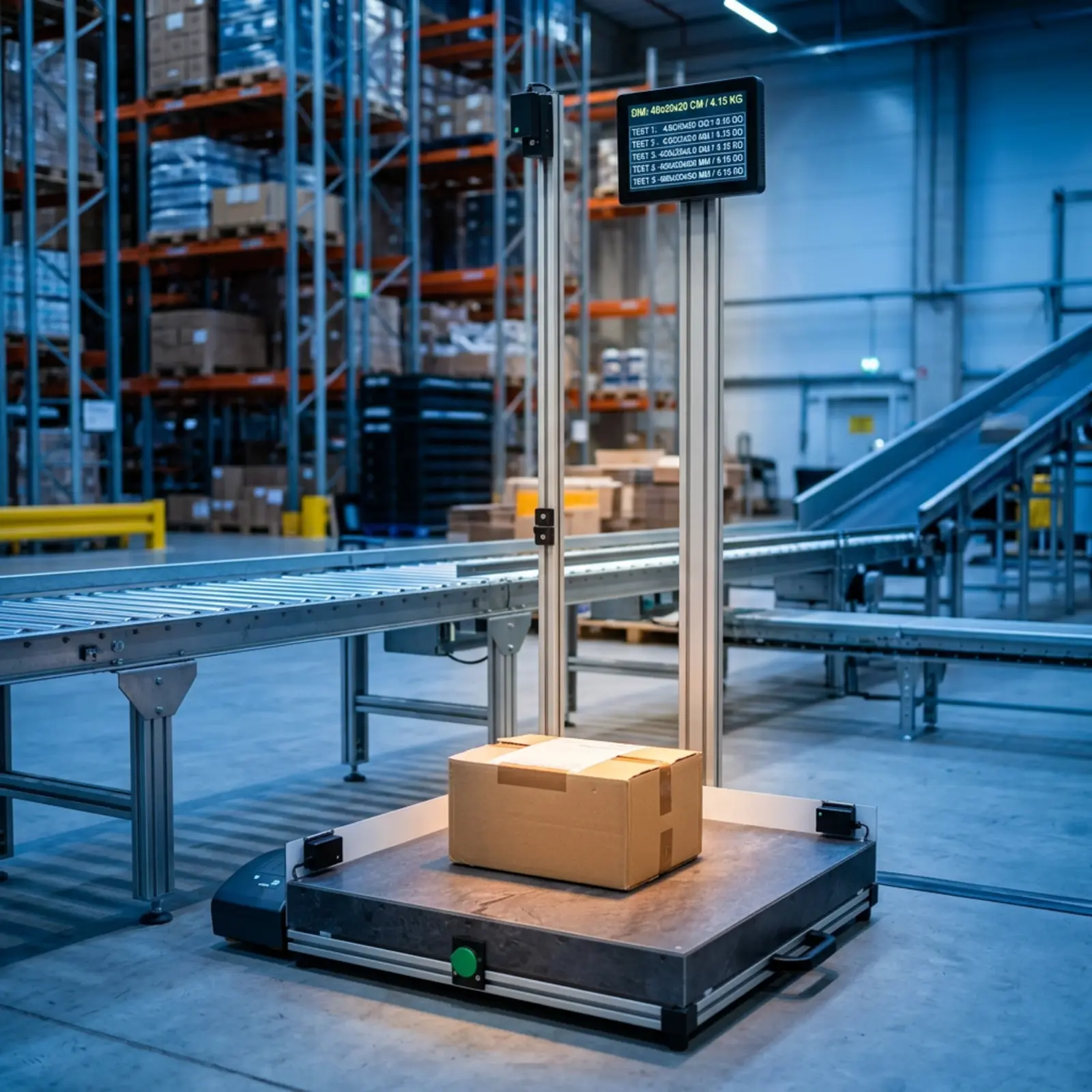 A package on a conveyor belt is measured by a precision instrument; the readings are nearly identical.