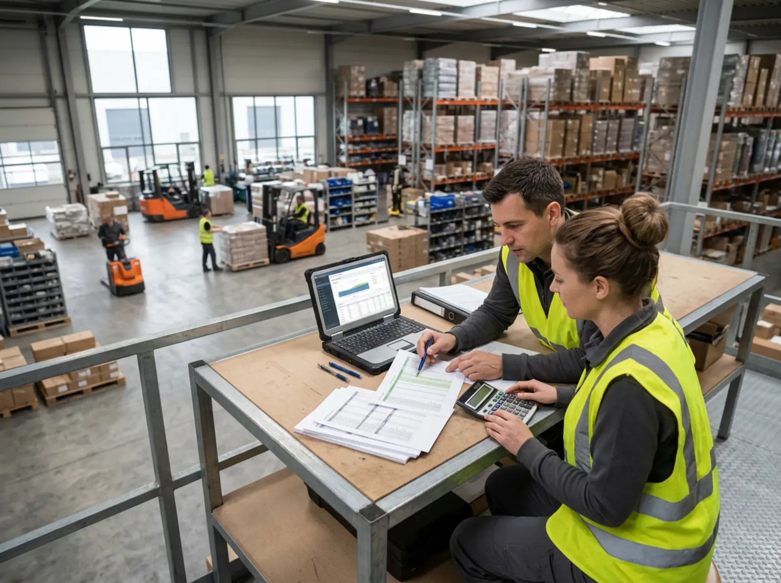 Les contrôleurs et les responsables d'entrepôt vérifient les rapports de coûts sur leur ordinateur portable, tandis que les opérations d'entrepôt se déroulent en arrière-plan.