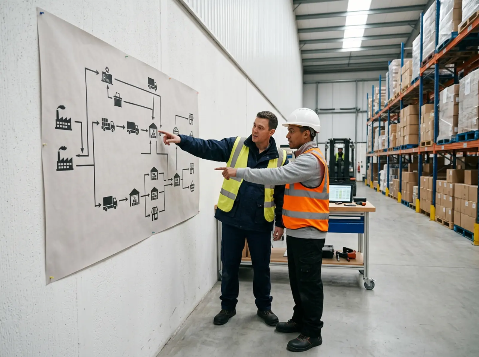 Zwei Logistikmitarbeiter zeigen auf eine Supply-Chain-Grafik im modernen Lager bei Tageslicht