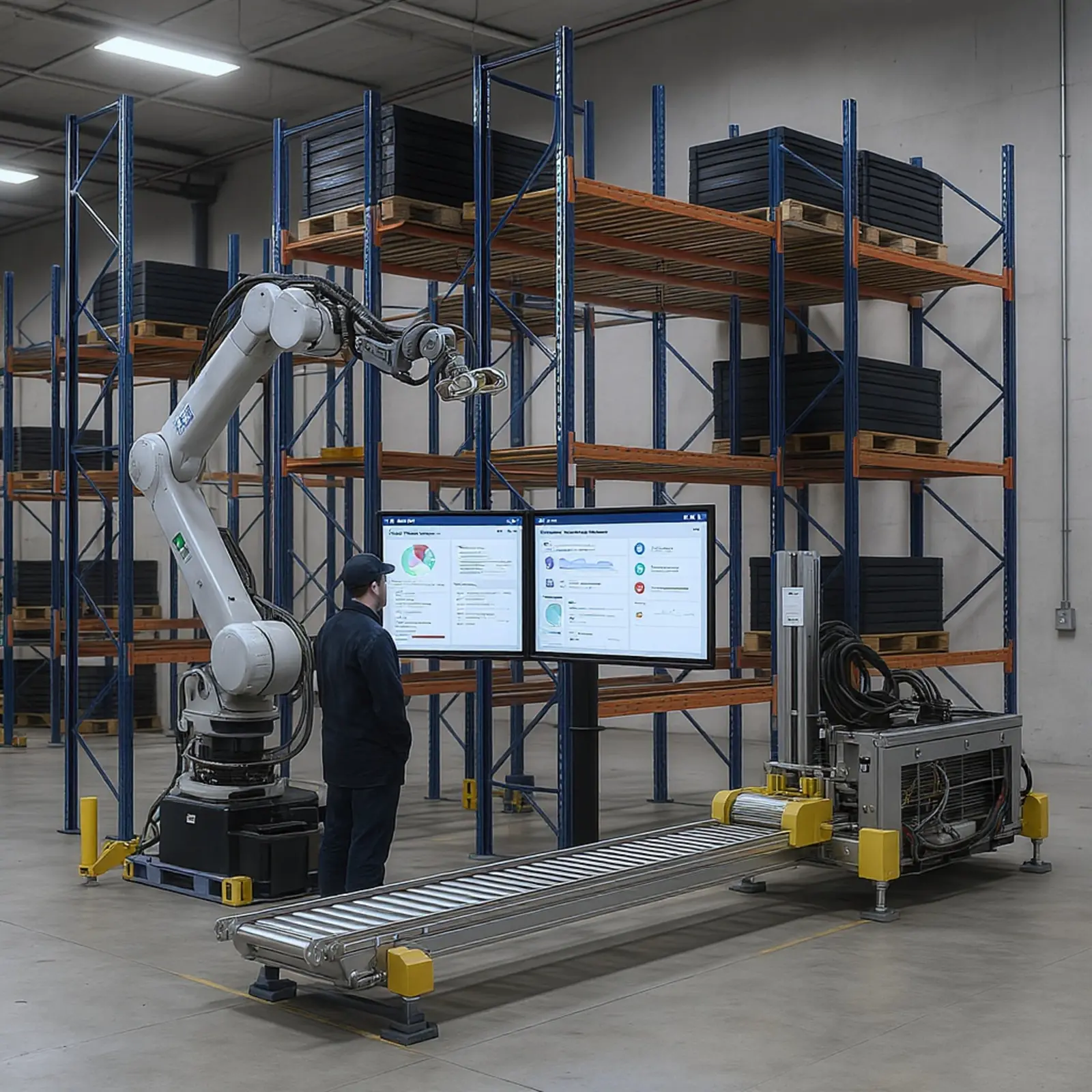 Entrepôt automatisé à rayonnages en hauteur équipé de robots, de convoyeurs et d'un opérateur devant les tableaux de bord SAP EWM.
