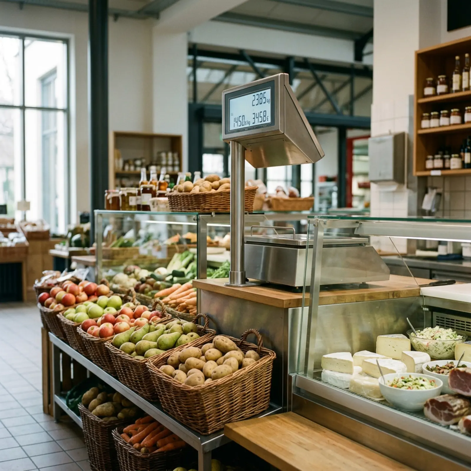 Waagenanzeige über einer Verkaufstheke mit Körben voller Obst und Gemüse