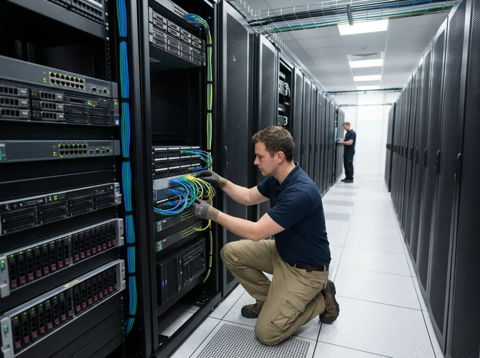 IT-Techniker verbindet Kabel in Server-Racks, moderne Lagerinfrastruktur mit Tageslicht, sachlich.