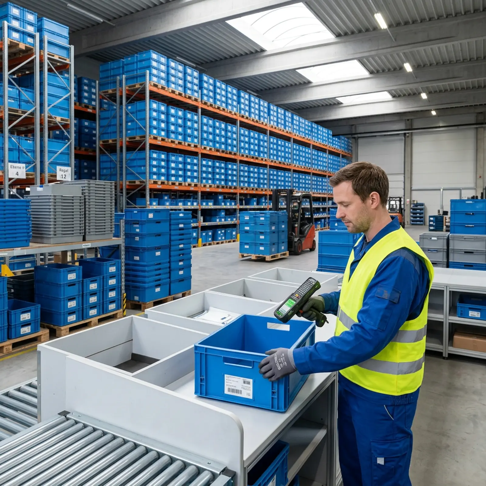 Logistikmitarbeiter scannt KLT-Container mit Barcode-Scanner im modernen Versandlager bei Tageslicht