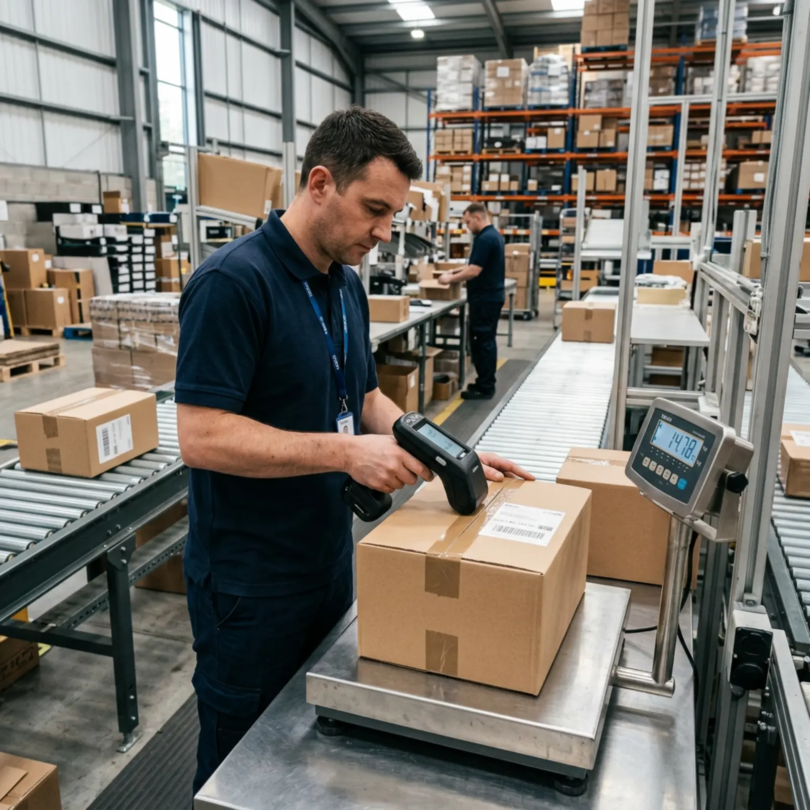 Un employé mesure les dimensions et le poids d'un colis à l'aide d'un appareil de mesure.