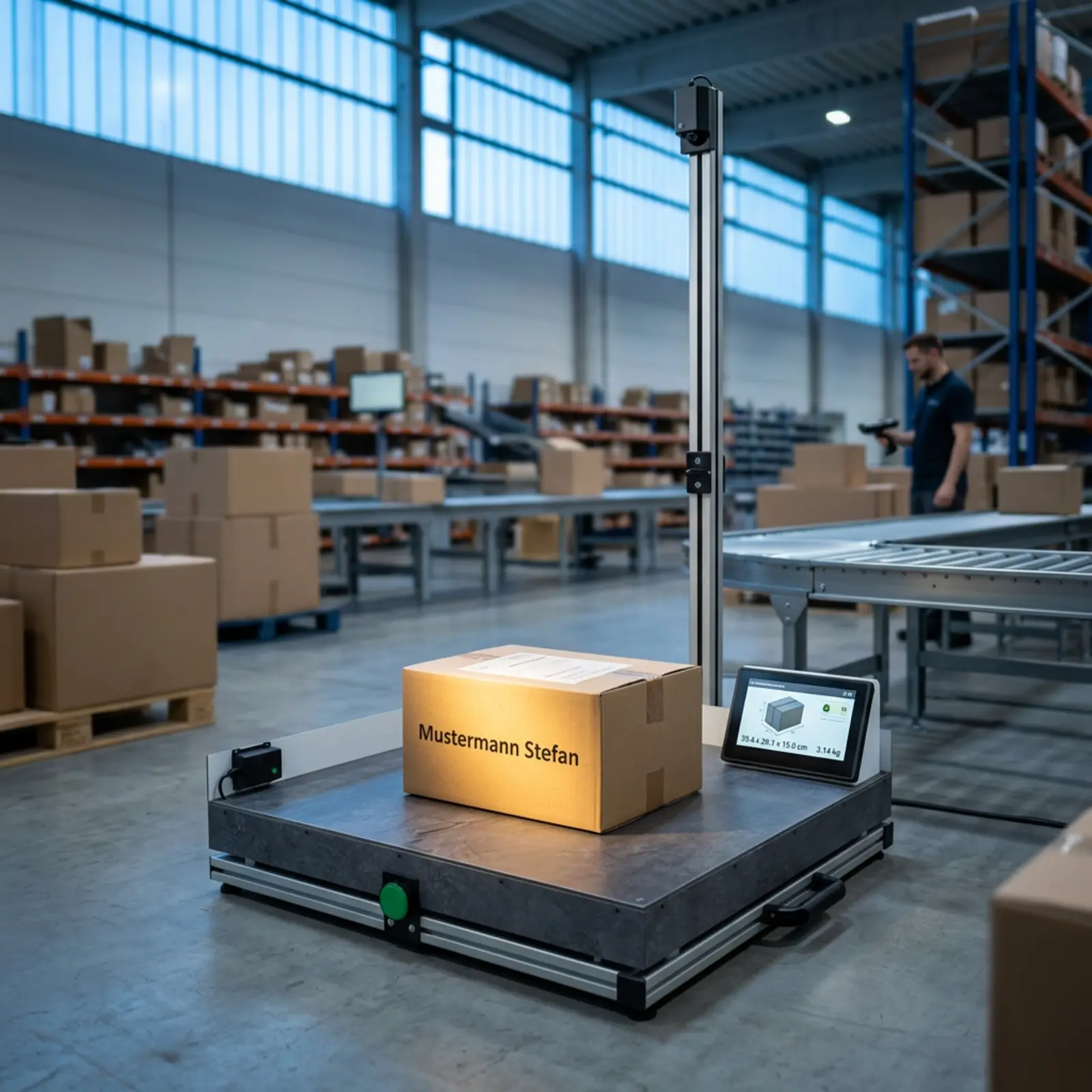 A package rests quietly on a measuring surface in a packaging station; cool blue light, warm accents.