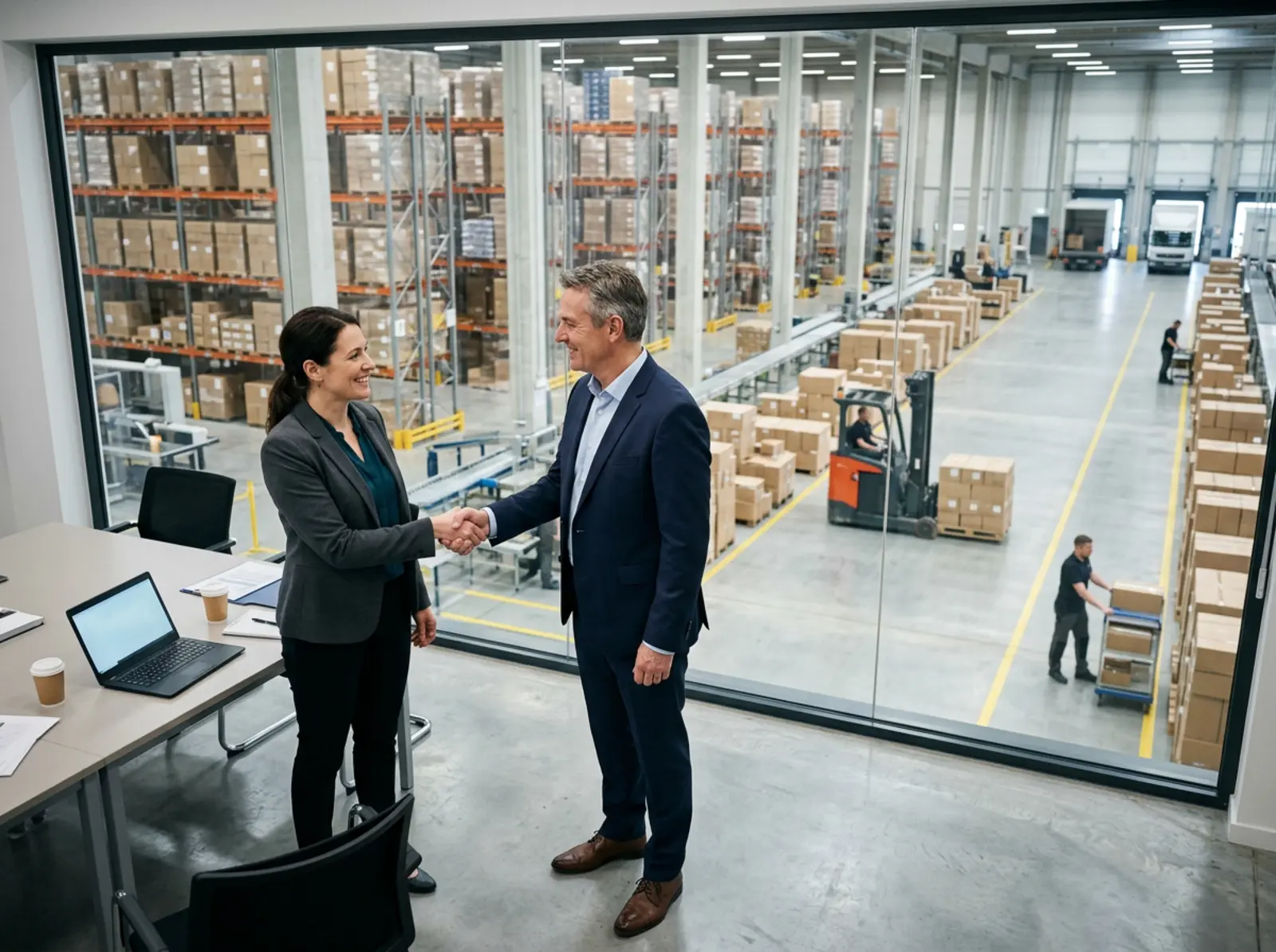 Logistikdirektor und Manager schütteln sich vor Glasfenster mit aktivem Lager im Hintergrund