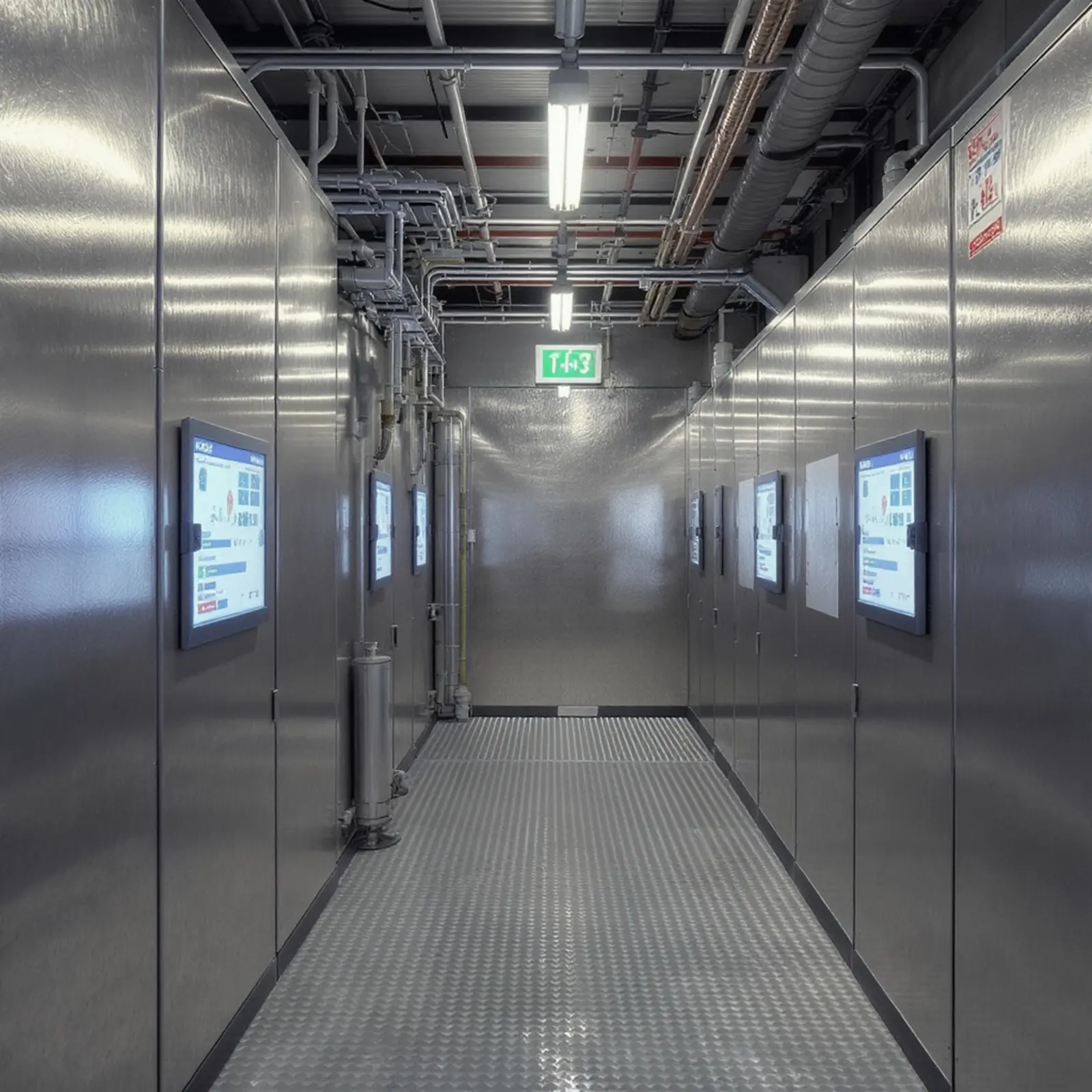 Entrepôt Subzero photoréaliste : isolation, refroidissement, convoyeurs, écrans WMS