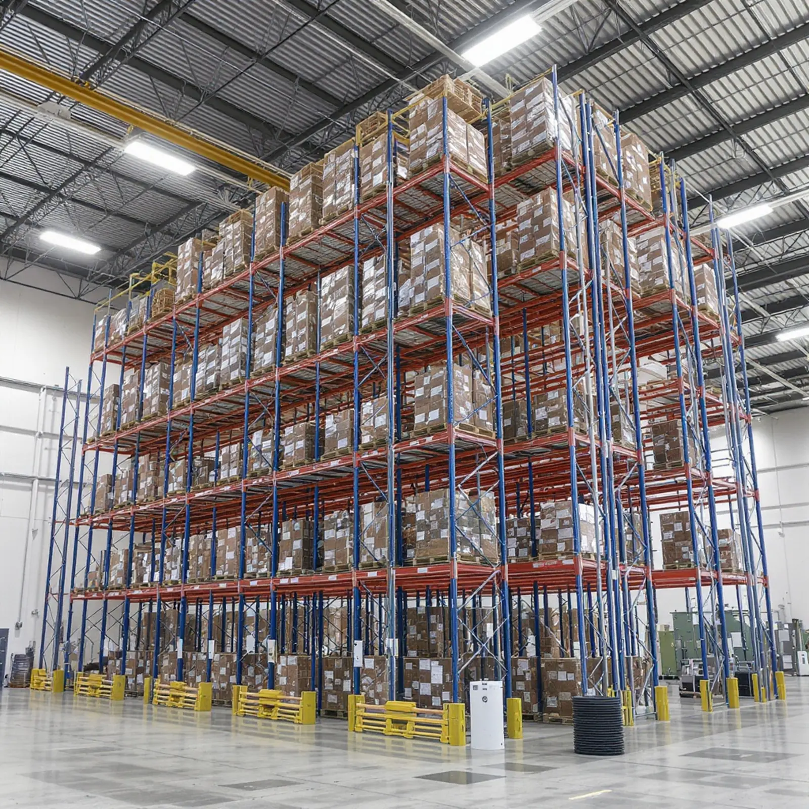 Entrepôt automatisé à rayonnages en hauteur avec transstockeurs, chargement autonome des palettes, hauteur de 45 m, intégration au système de gestion d'entrepôt (WMS).