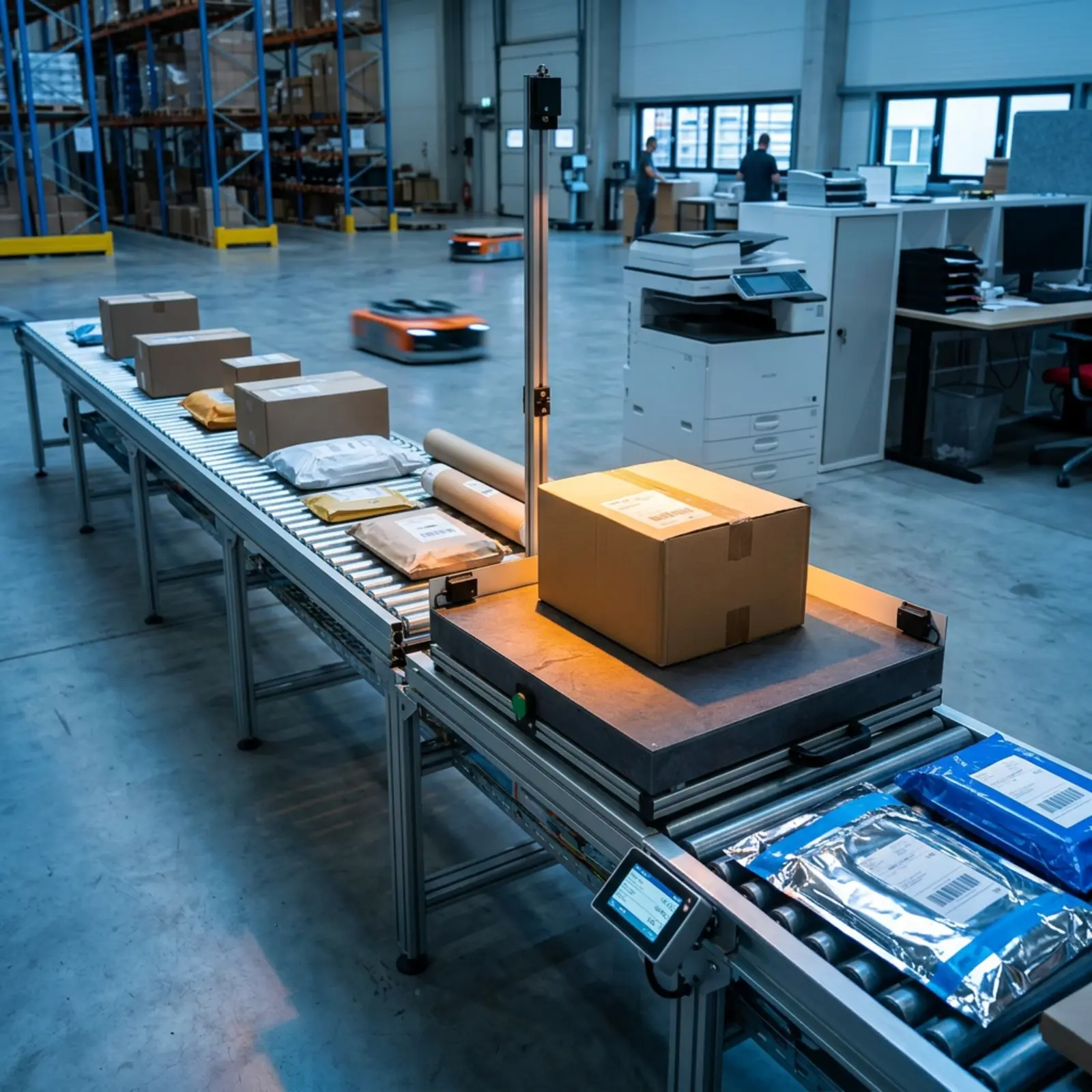 Conveyor belt with packages; focus on the device, blue light with a warm accent on the packaging.