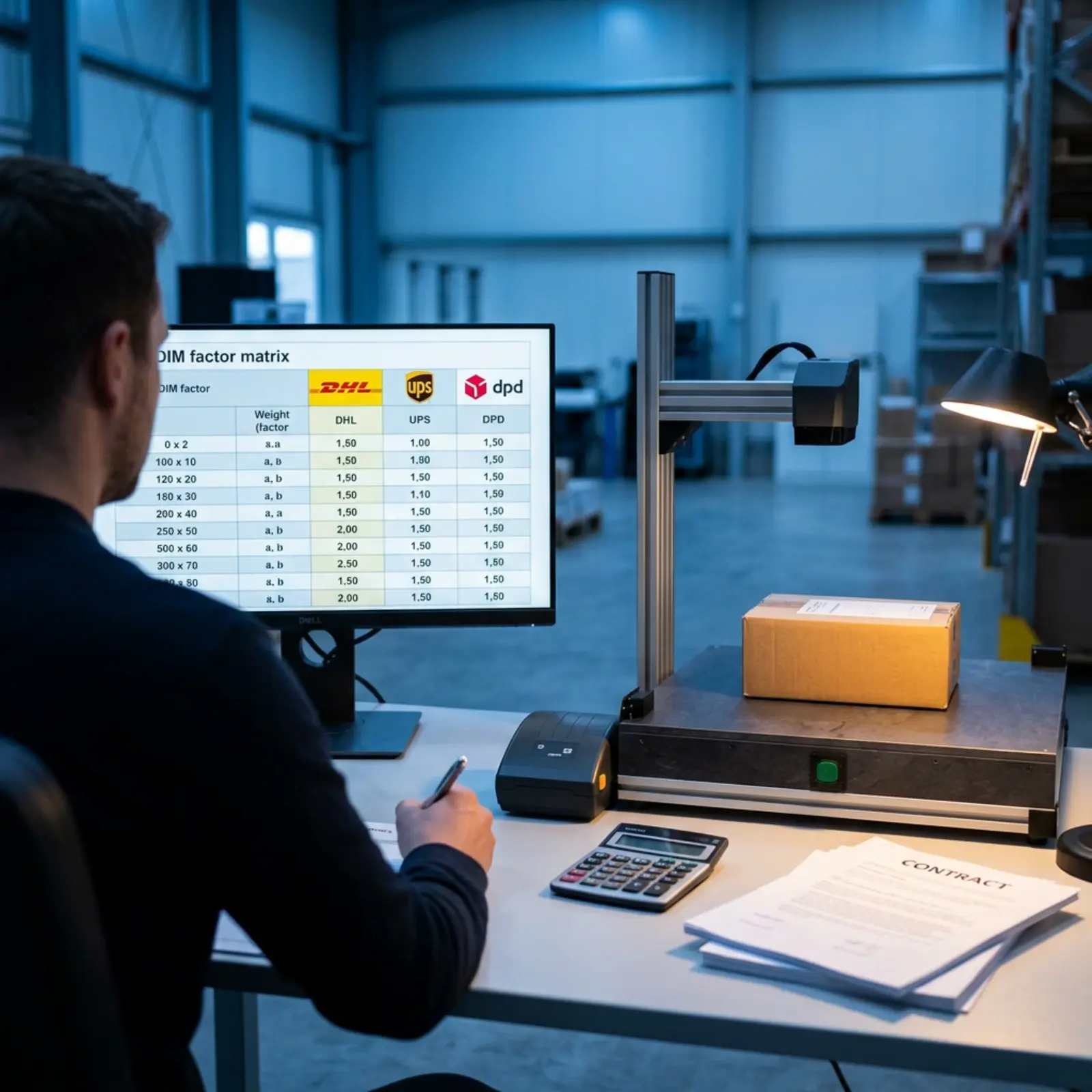Analyst checks the DIM factor matrix on the monitor; DHL/UPS/DPD labels, calculator, warehouse documents