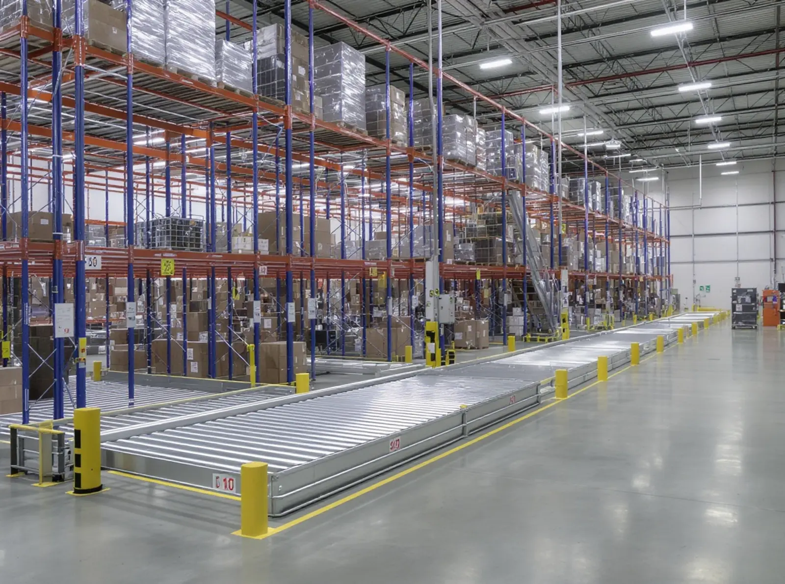 Entrepôt AKL situé dans un centre logistique moderne équipé de convoyeurs, de systèmes de navettes, de bras robotisés et d'un tableau de bord WMS.