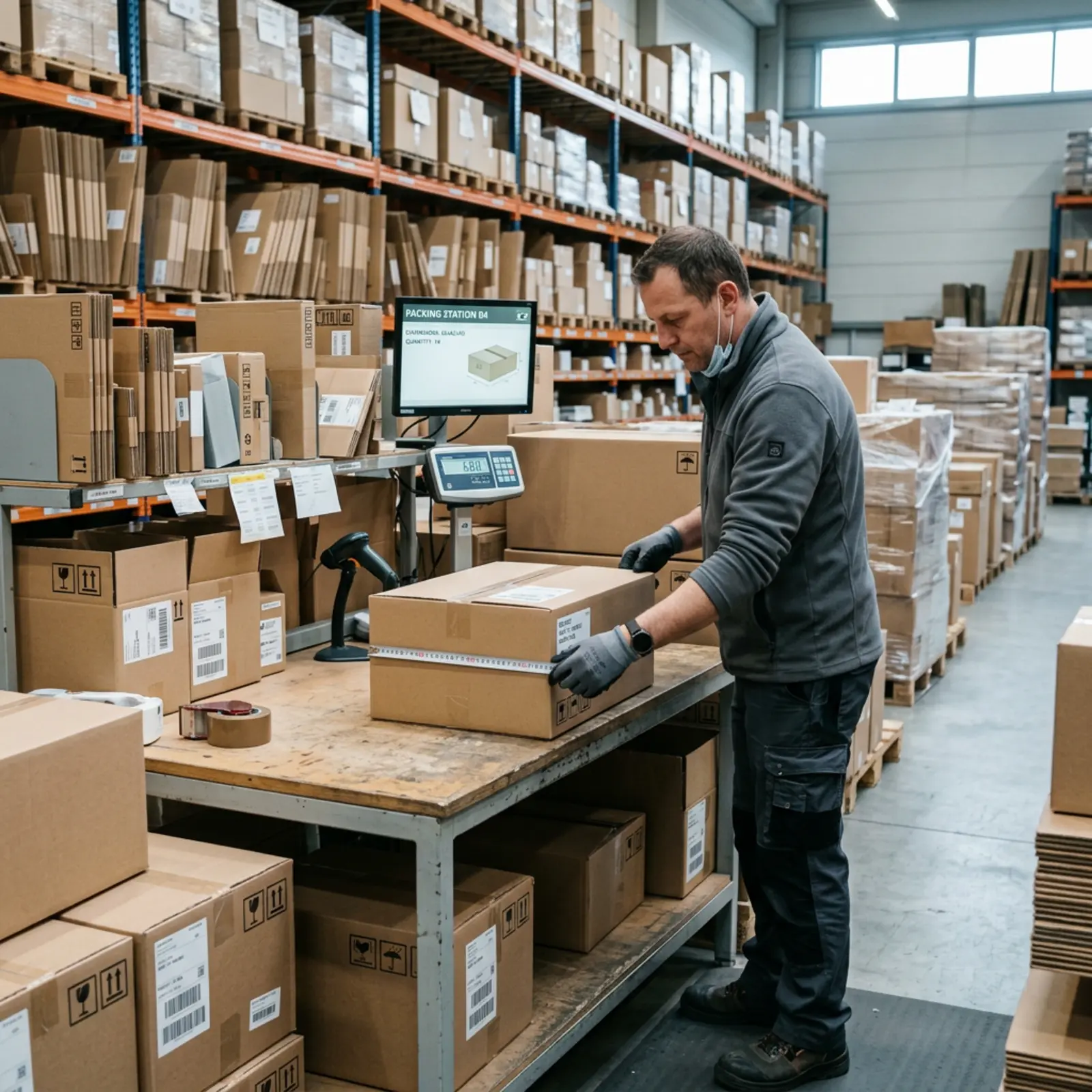 Estación de embalaje: se mide una caja con una cinta métrica; paquetes al fondo.