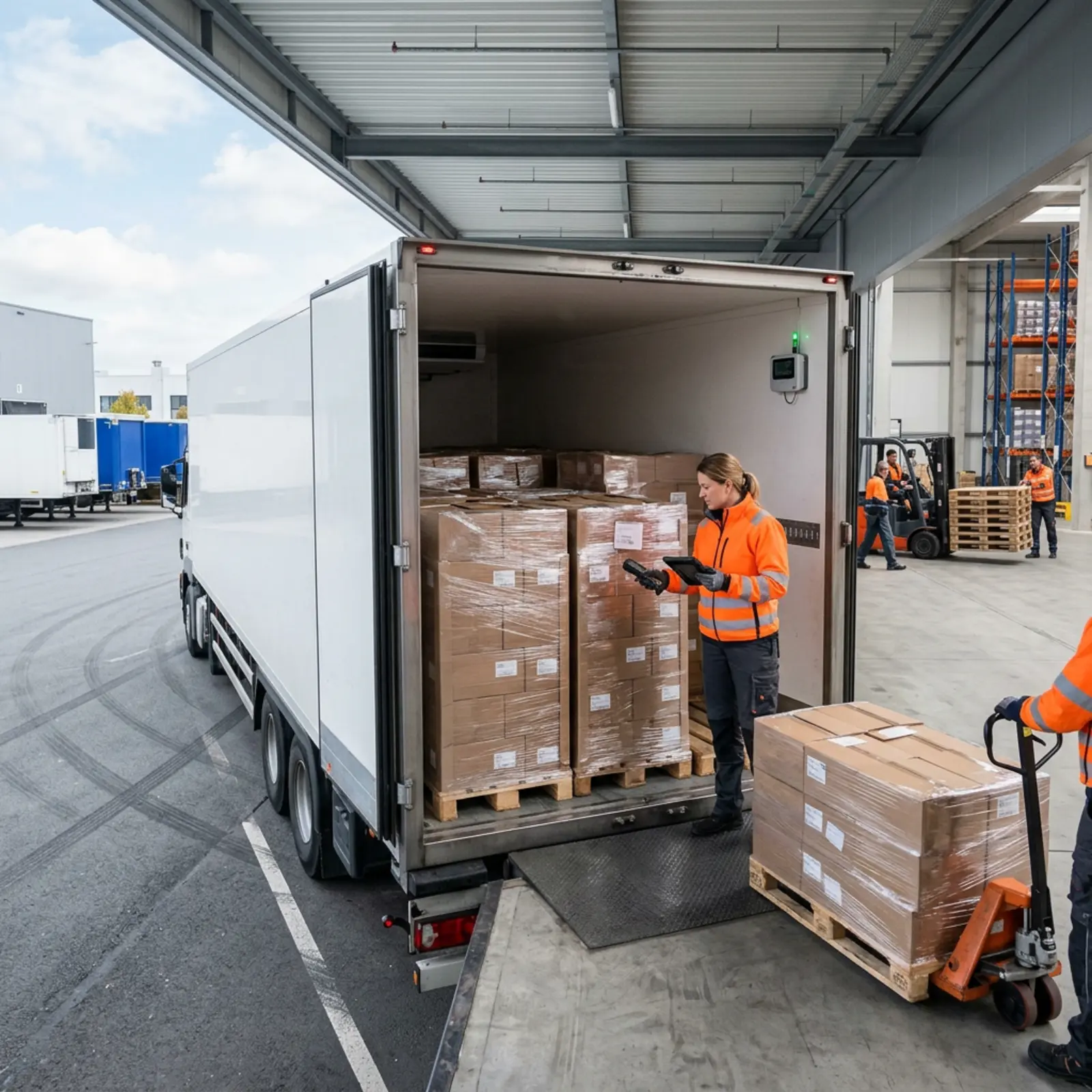 Kühlauflieger offen an der Laderampe, Palettenware, Temperaturfühler; Arbeiter prüft Kühlkette.