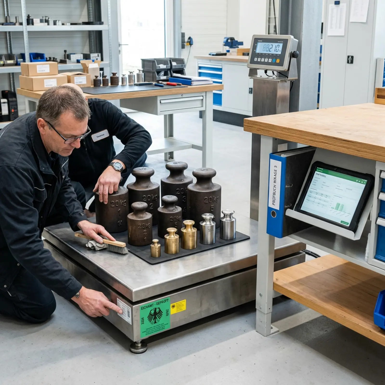 Balance industrielle avec plaque d'étalonnage, un technicien la vérifie ; un classeur et une tablette à côté