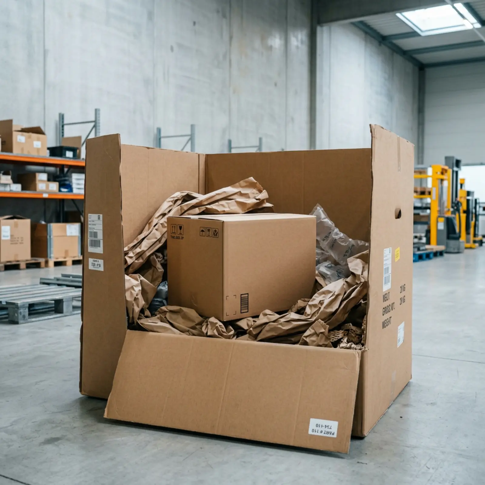 Caja estándar dentro de una caja exterior de gran tamaño, con mucho espacio libre y material de embalaje
