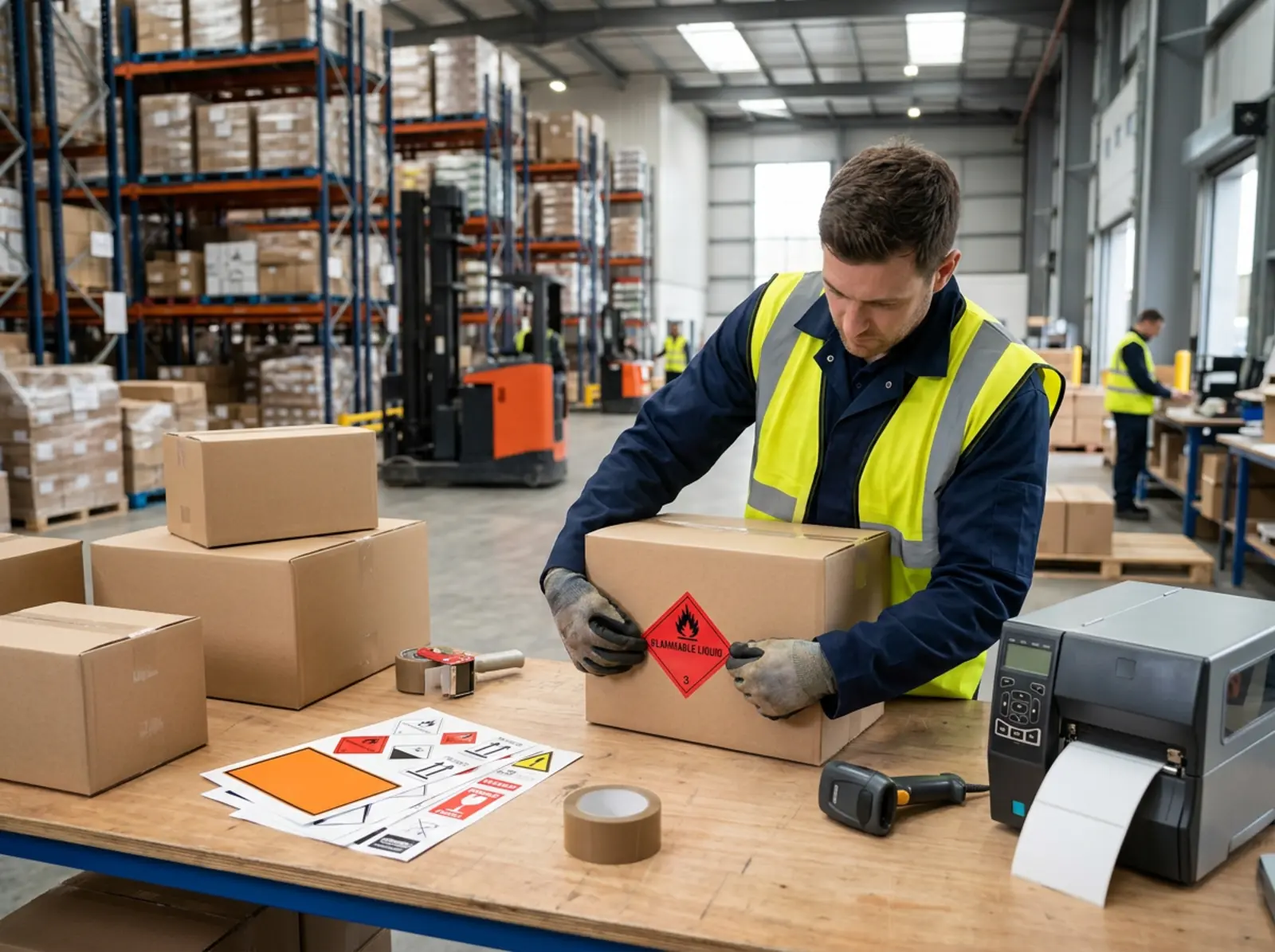 Arbeitsplatz im Lager: Gefahrzettel wird auf Kartonbox appliziert, orange Warnfläche, Etiketten daneben