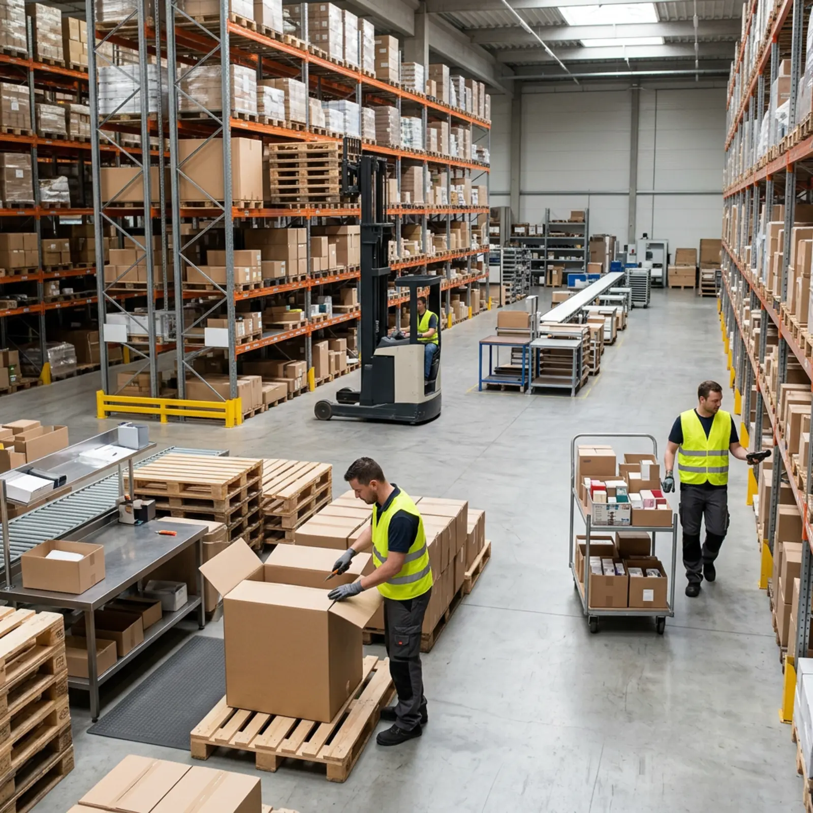 Un magasinier inspecte les cartons à leur arrivée, range les marchandises sur les rayonnages et charge un chariot.