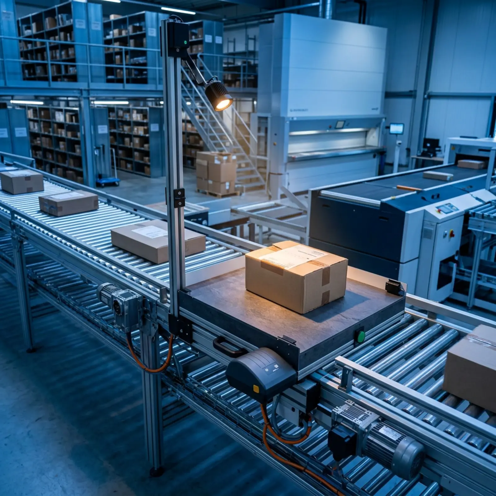 Industrial product photography at a logistics center: a package on a conveyor belt, cool blue, warm accents.