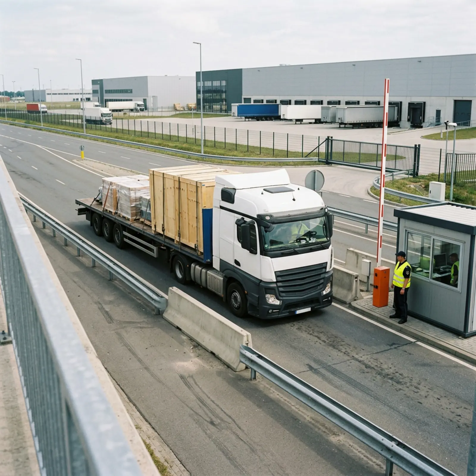 LKW an öffentlichem Kontrollpunkt am Lager- und Versandstandort, Beamte mit Schrankenanlage