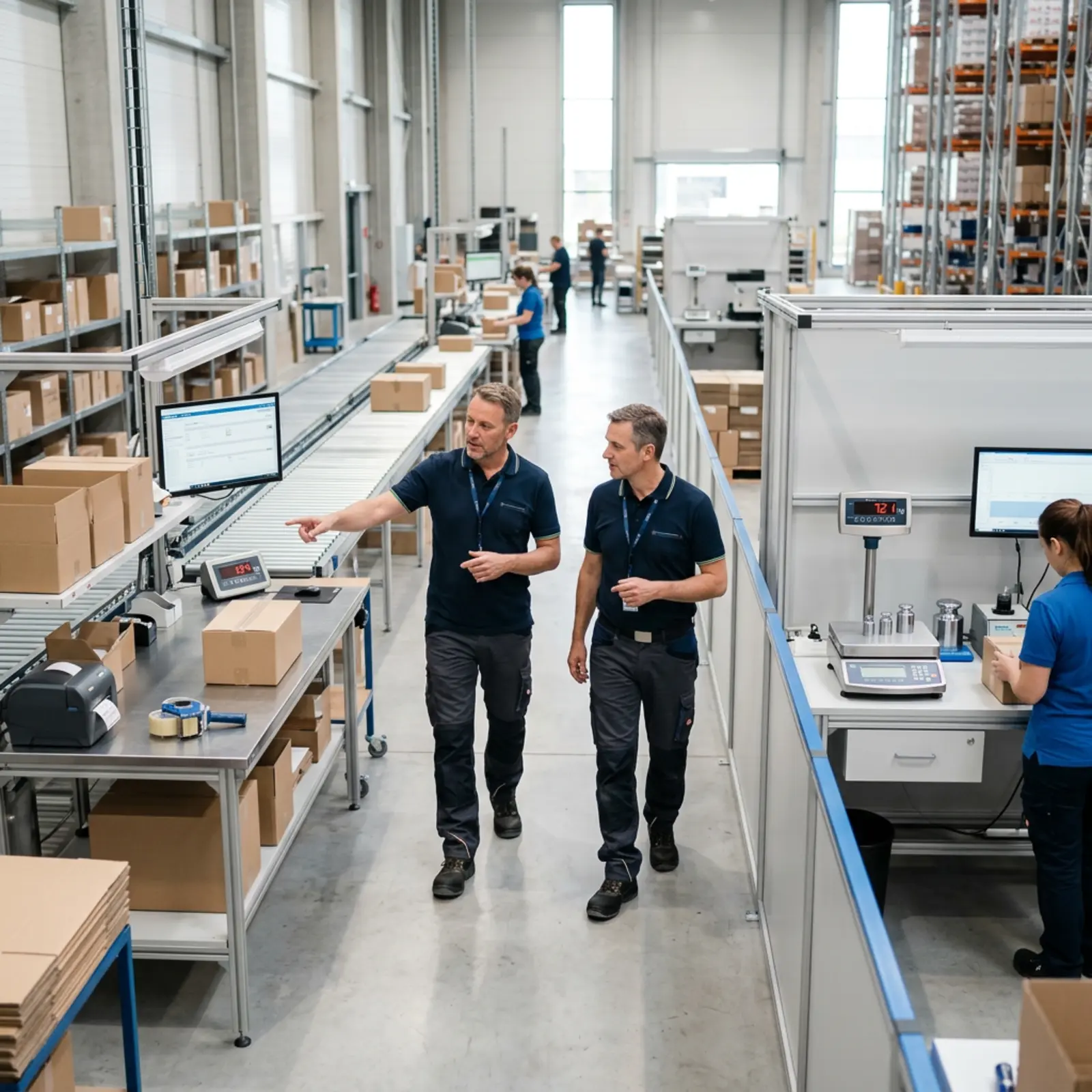 Scène logistique : table d'emballage équipée d'une balance, postes de contrôle ; les responsables discutent des processus internes et externes.
