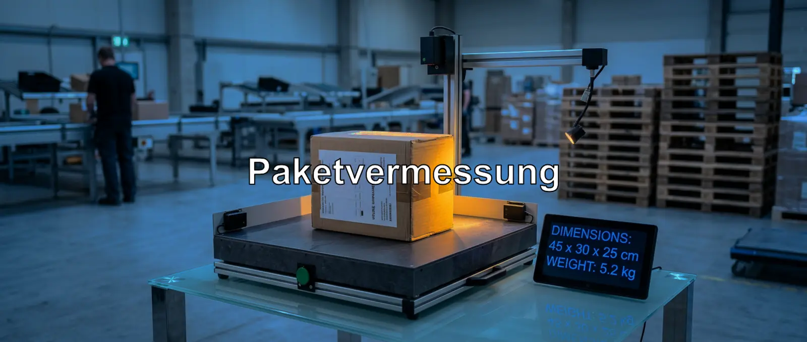A package on a digital scale at a logistics center, with the focus on the scale, bathed in cool blue light.