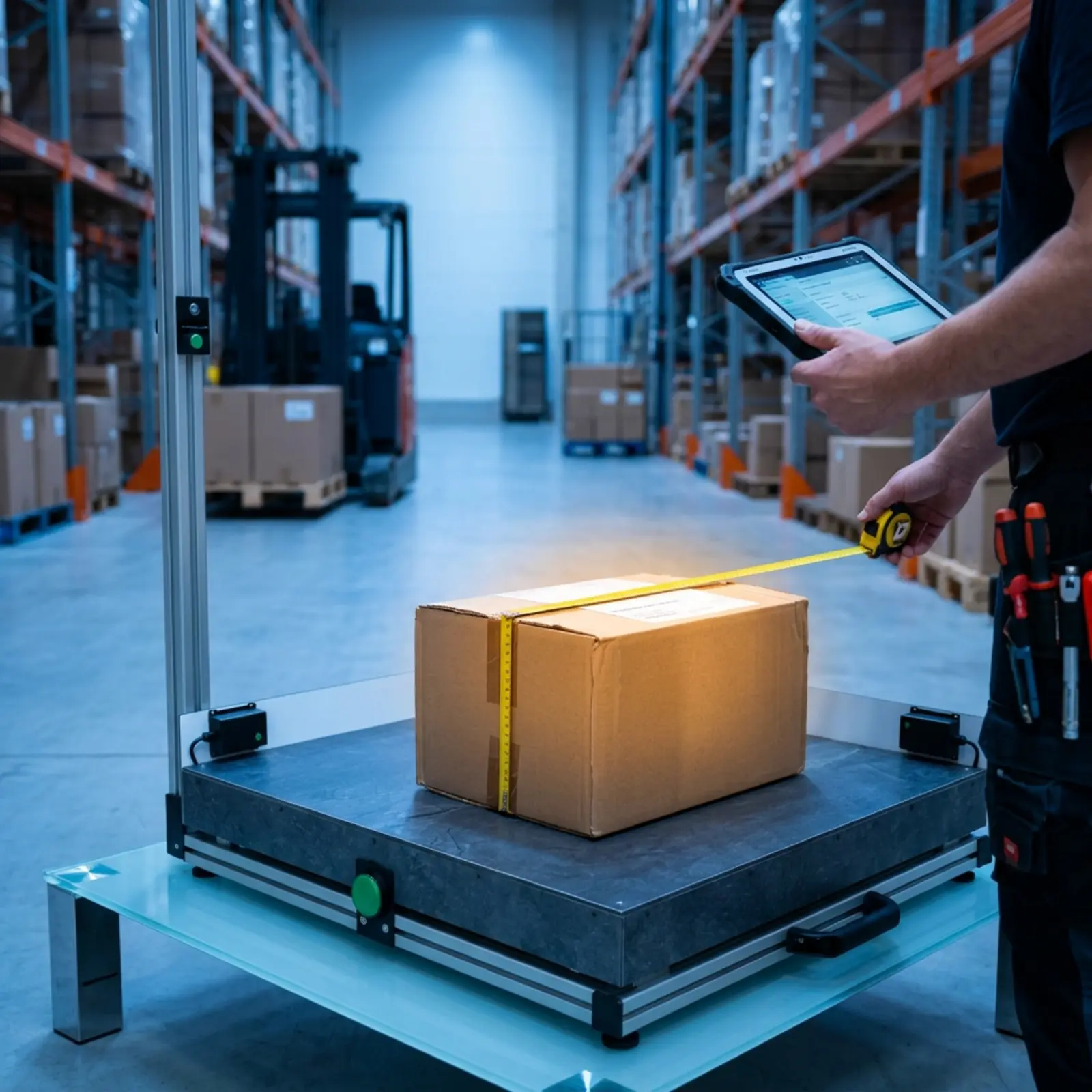 A cardboard box with a measuring tape in front of a logistics center, sharply in focus, with a blurred background.