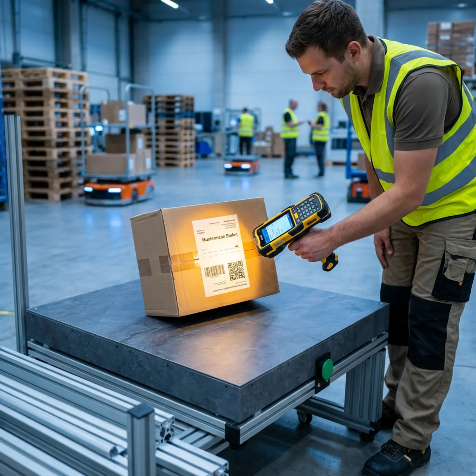 An employee scans a shipping label on a box at the logistics center; the barcode and QR code are visible.